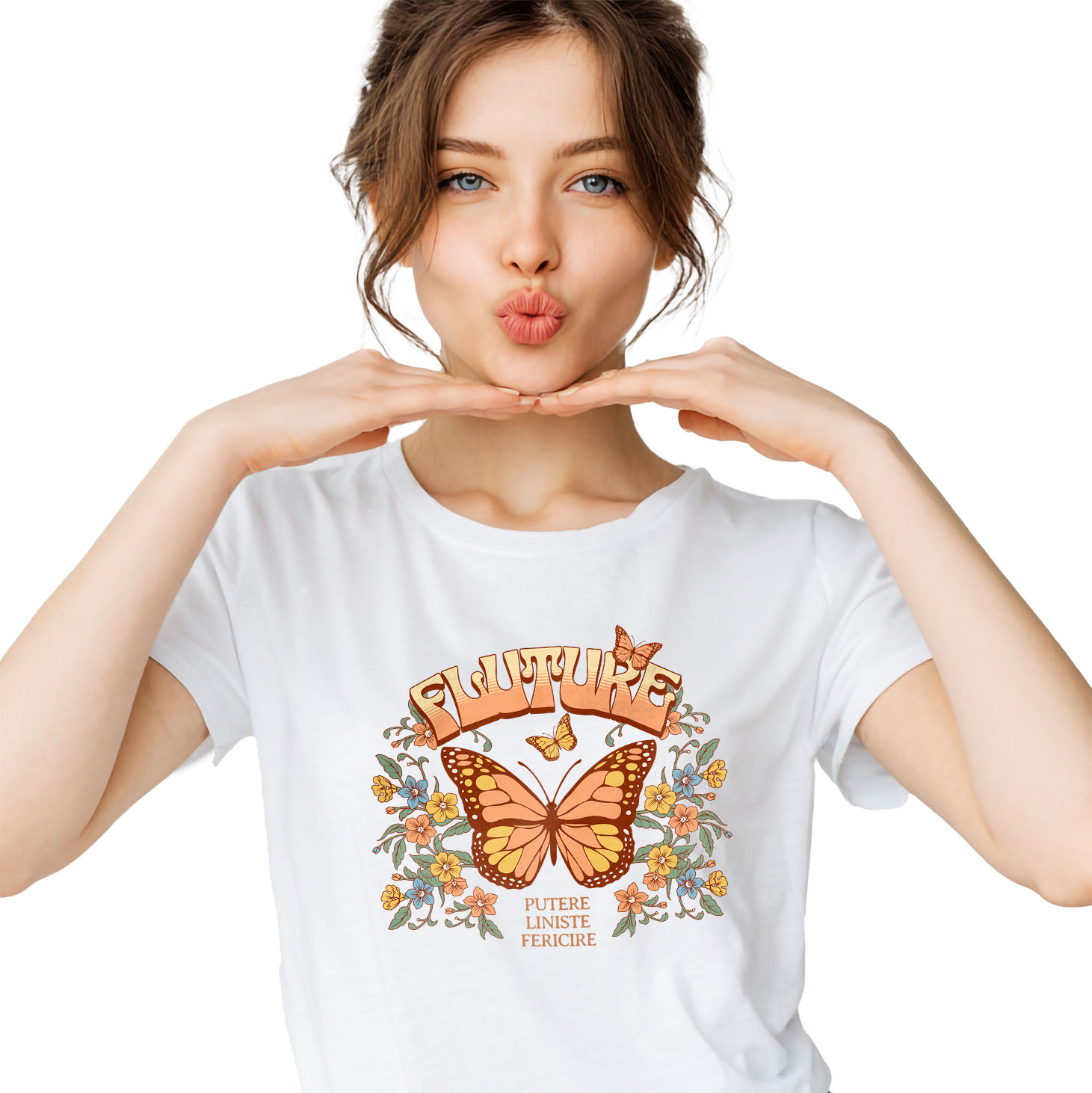 Flori - Tricou Femei, Barbati, Copii, Fata, Baiat, Unisex Personalizat Fluture Portocaliu cu Mesaj de Putere și Liniște | Cadou Personalizat cu Flori Colorate