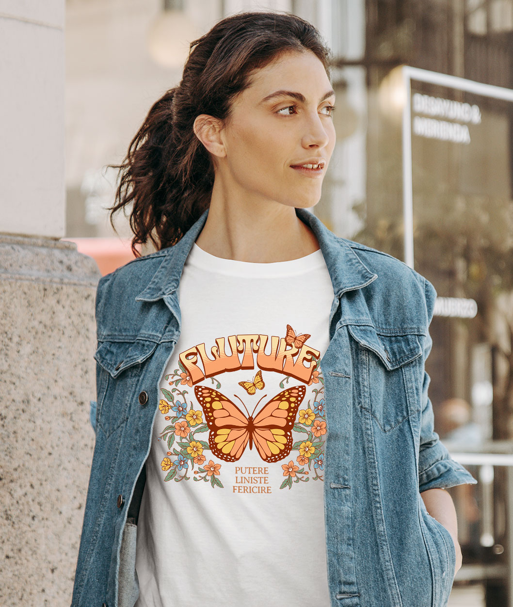 Tricou Femei, Barbati, Copii, Fata, Baiat, Unisex Personalizat Fluture Portocaliu cu Mesaj de Putere și Liniște | Cadou Personalizat cu Flori Colorate [1]