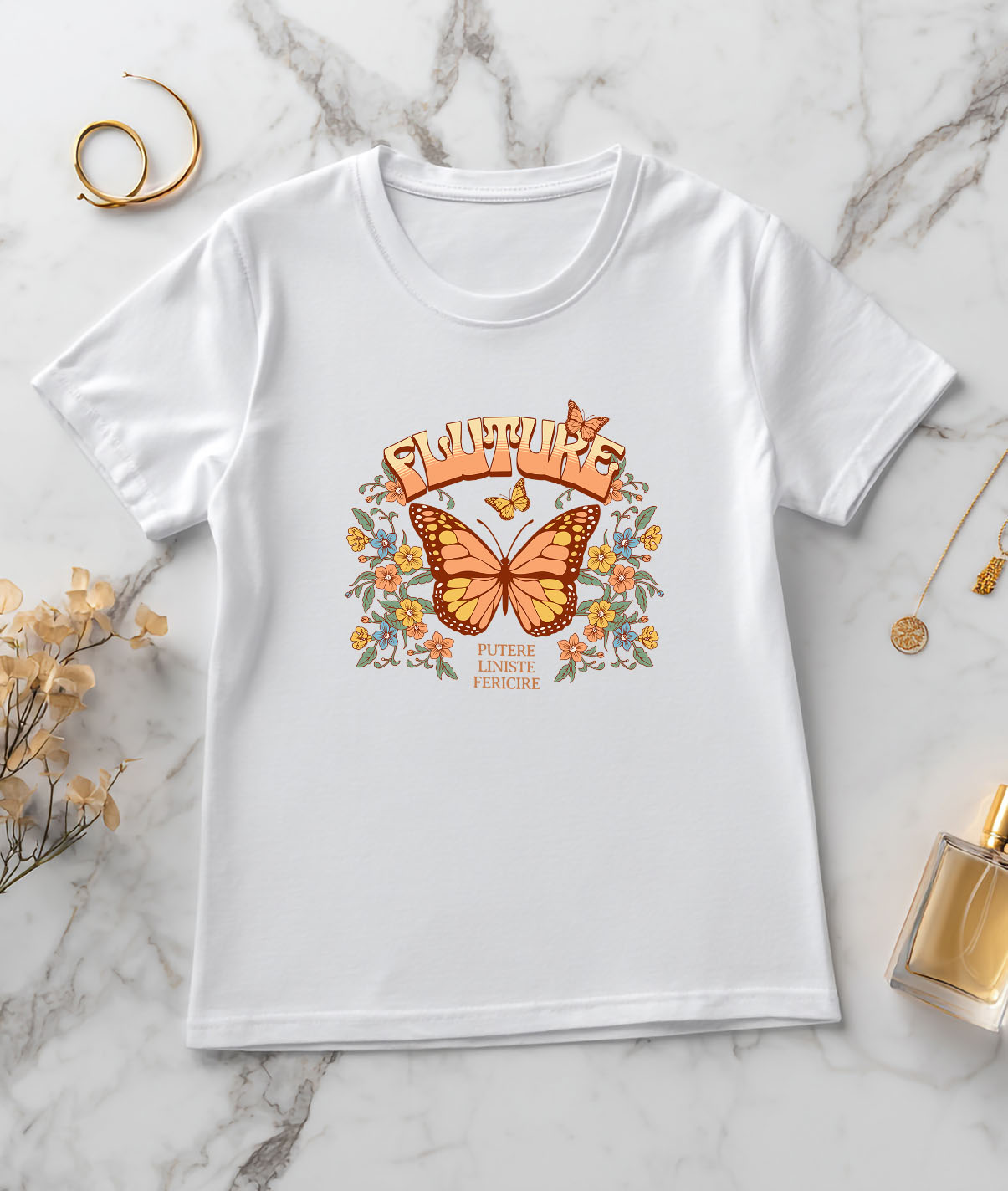 Tricou Femei, Barbati, Copii, Fata, Baiat, Unisex Personalizat Fluture Portocaliu cu Mesaj de Putere și Liniște | Cadou Personalizat cu Flori Colorate [2]