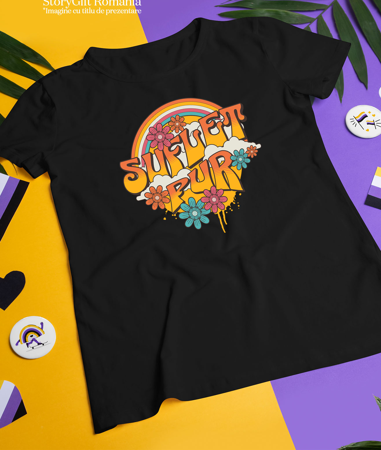 Tricou Femei, Barbati, Copii, Fata, Baiat, Unisex Personalizat Curcubeu Cu Flori Colorate | Suflet Pur | Cadou Personalizat cu Mesaj în Limba Română [2]