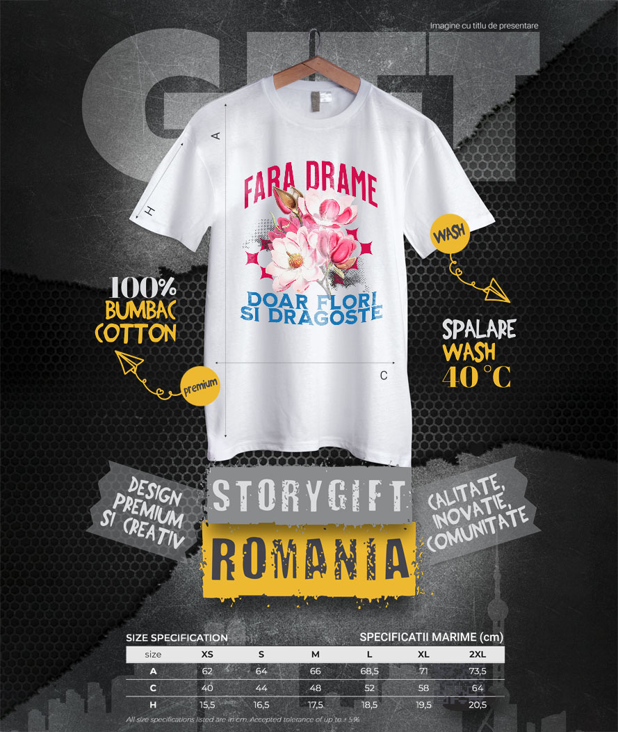 Tricou Femei, Barbati, Copii, Fata, Baiat, Unisex Personalizat Buchet de Flori Roz „Fara Drame, Doar Flori si Dragoste” | Cadou Romantic și Elegant [3]