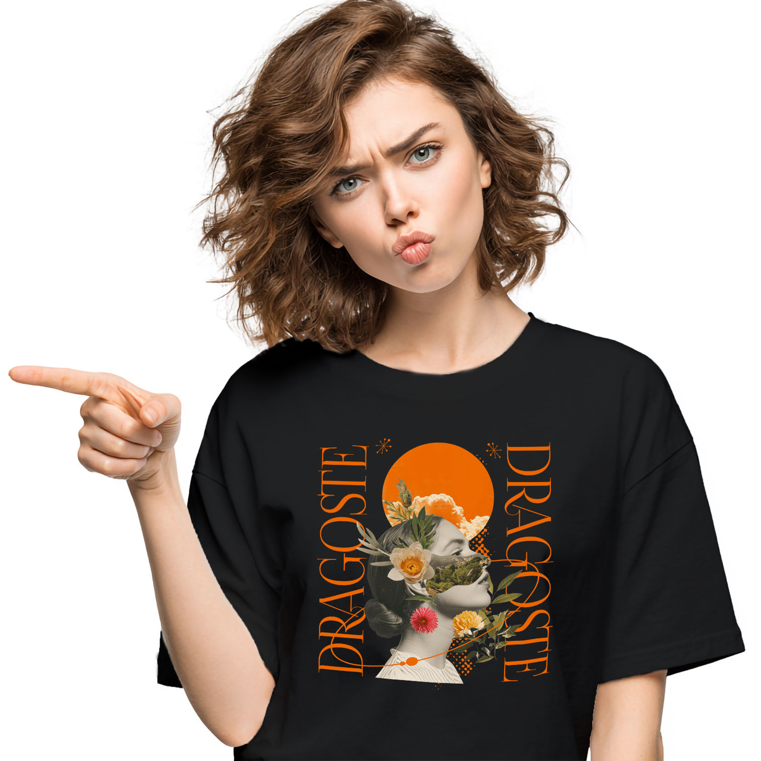 Flori - Tricou Femei, Barbati, Copii, Fata, Baiat, Unisex Personalizat Chip Feminin Abstract cu Soare și Text de Dragoste | Cadouri Romantice Personalizate pentru Femei și Familie
