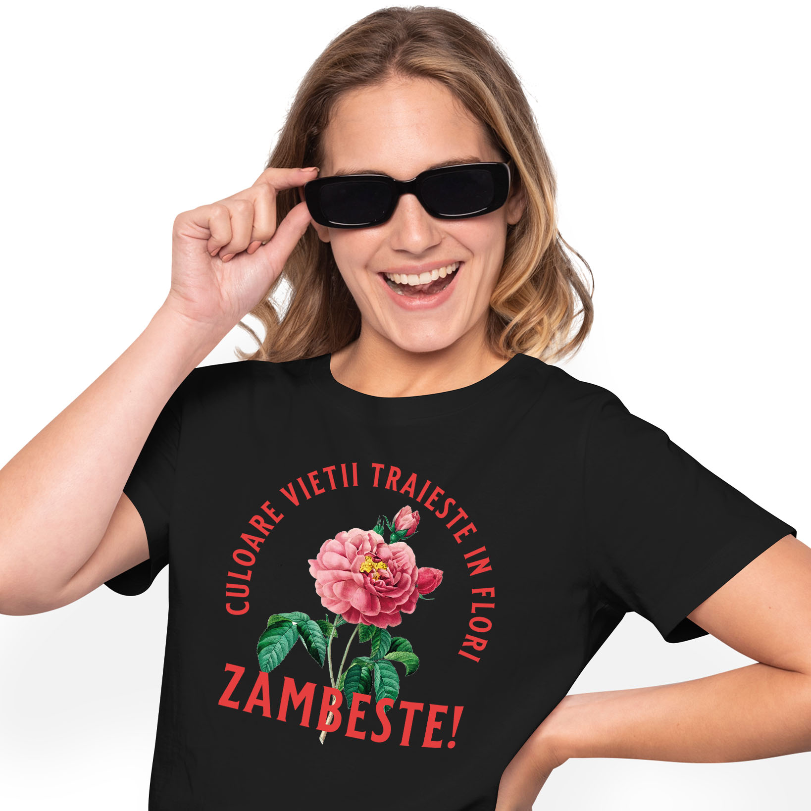 Flori - Tricou Femei, Barbati, Copii, Fata, Baiat, Unisex Personalizat Floare Colorată cu Text „Zâmbește, Culoarea Vieții Trăiește în Flori” | Cadouri Personalizate pentru Femei, Familie și Prieteni