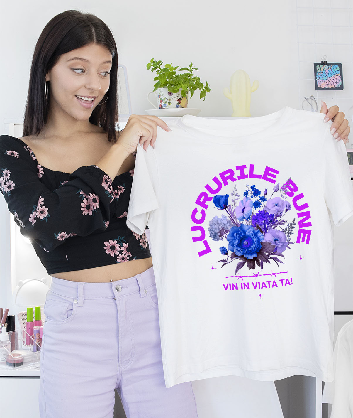 Tricou Femei, Barbati, Copii, Fata, Baiat, Unisex Personalizat Buchet De Flori Colorat cu Text „Lucrurile Bune Vin În Viața Ta” | Cadouri Personalizate pentru Familie și Prieteni [1]