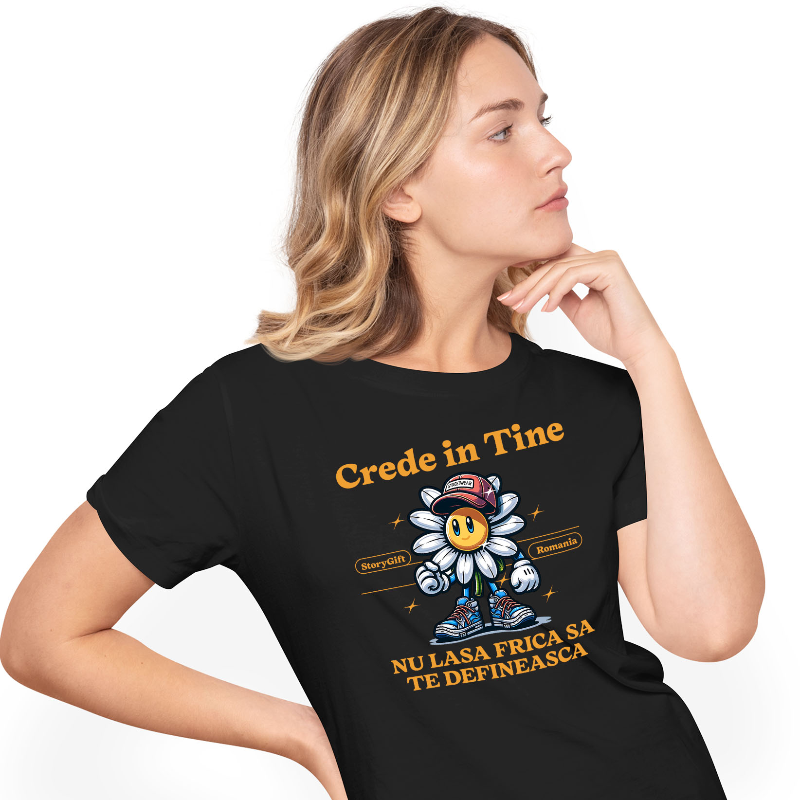 Flori - Tricou Femei, Barbati, Copii, Fata, Baiat, Unisex Personalizat Floare Veselă cu Sapcă și Text „Crede în Tine” | Cadouri Personalizate pentru Femei, Copii și Familie