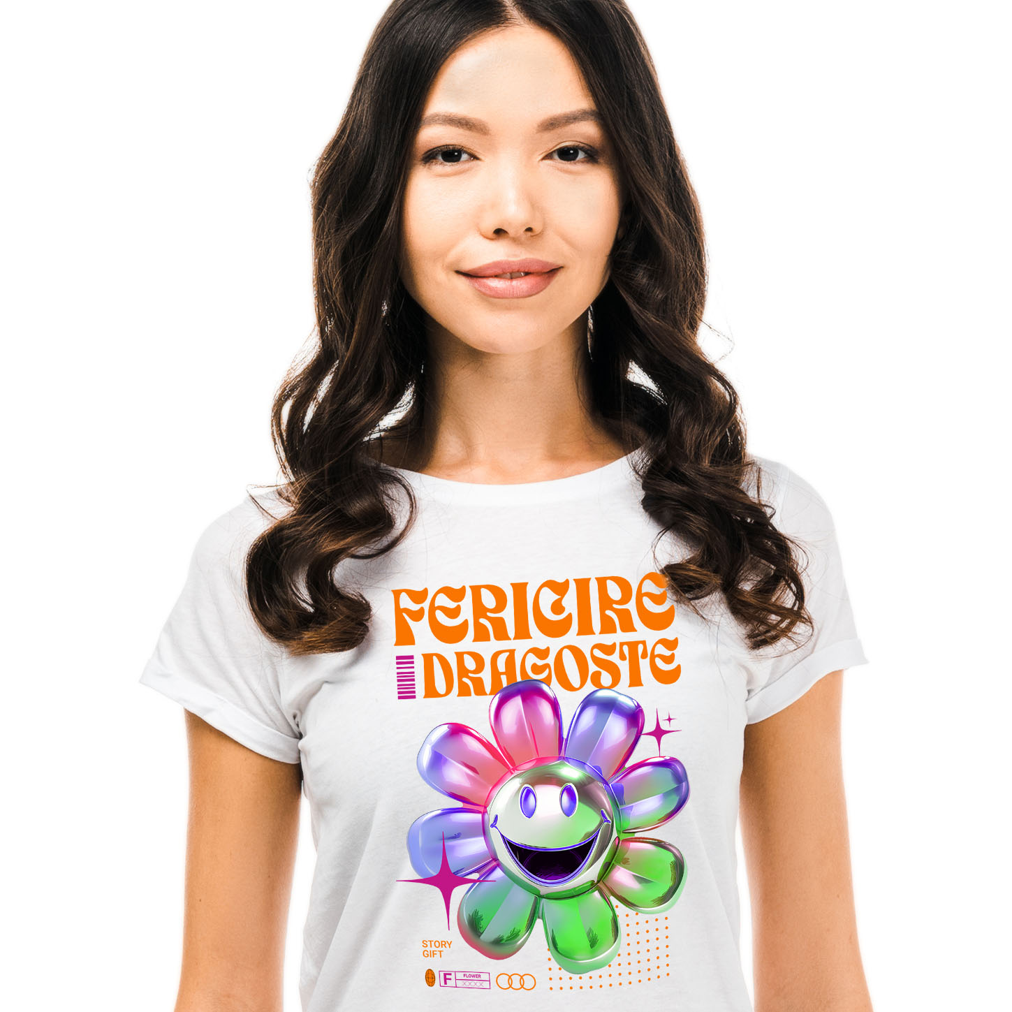 Flori - Tricou Femei, Barbati, Copii, Fata, Baiat, Unisex Personalizat Floare Colorată Veselă cu Text „Fericire, Dragoste, Natură” | Cadouri Personalizate pentru Femei, Familie și Prieteni