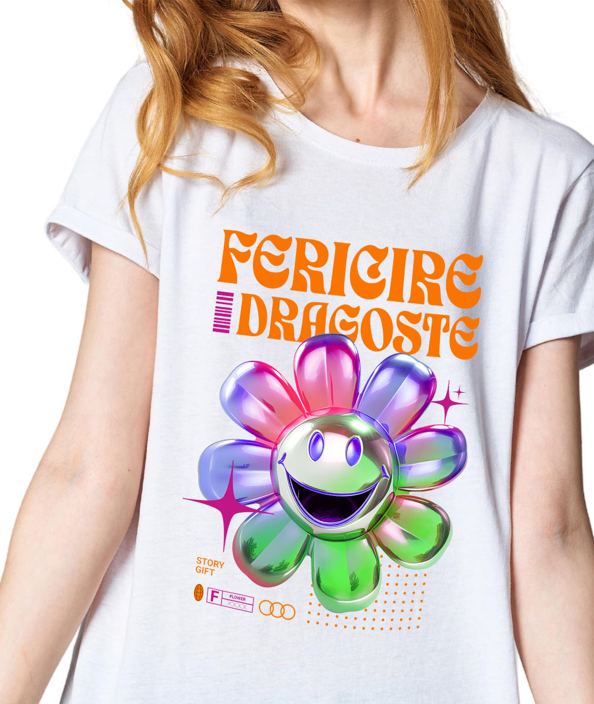 Tricou Femei, Barbati, Copii, Fata, Baiat, Unisex Personalizat Floare Colorată Veselă cu Text „Fericire, Dragoste, Natură” | Cadouri Personalizate pentru Femei, Familie și Prieteni [1]