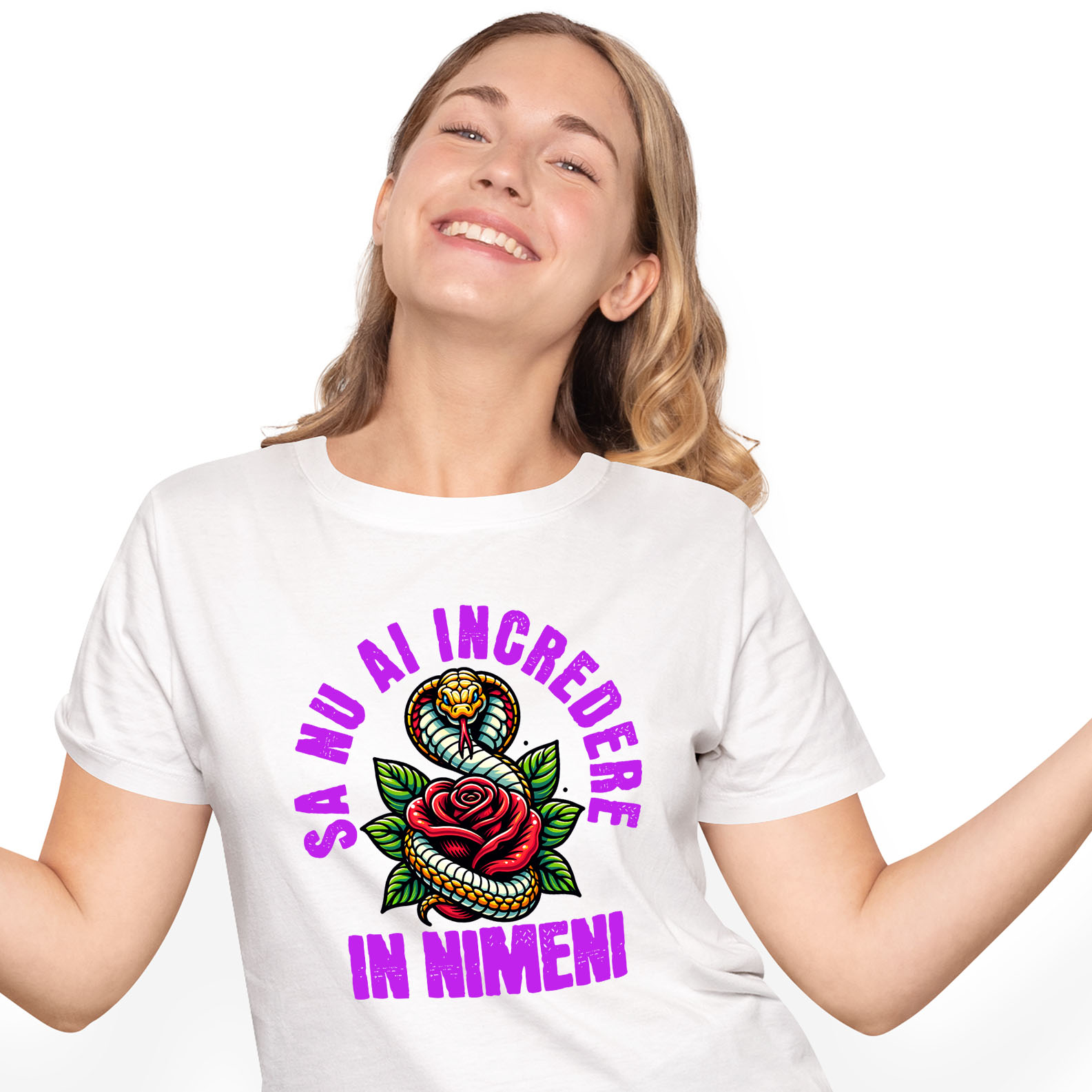 Flori - Tricou Femei, Barbati, Copii, Fata, Baiat, Unisex Personalizat Șarpe cu Trandafir Roșu și Text „Să Nu Ai Încredere în Nimeni” | Cadouri Personalizate pentru Femei, Familie și Prieteni