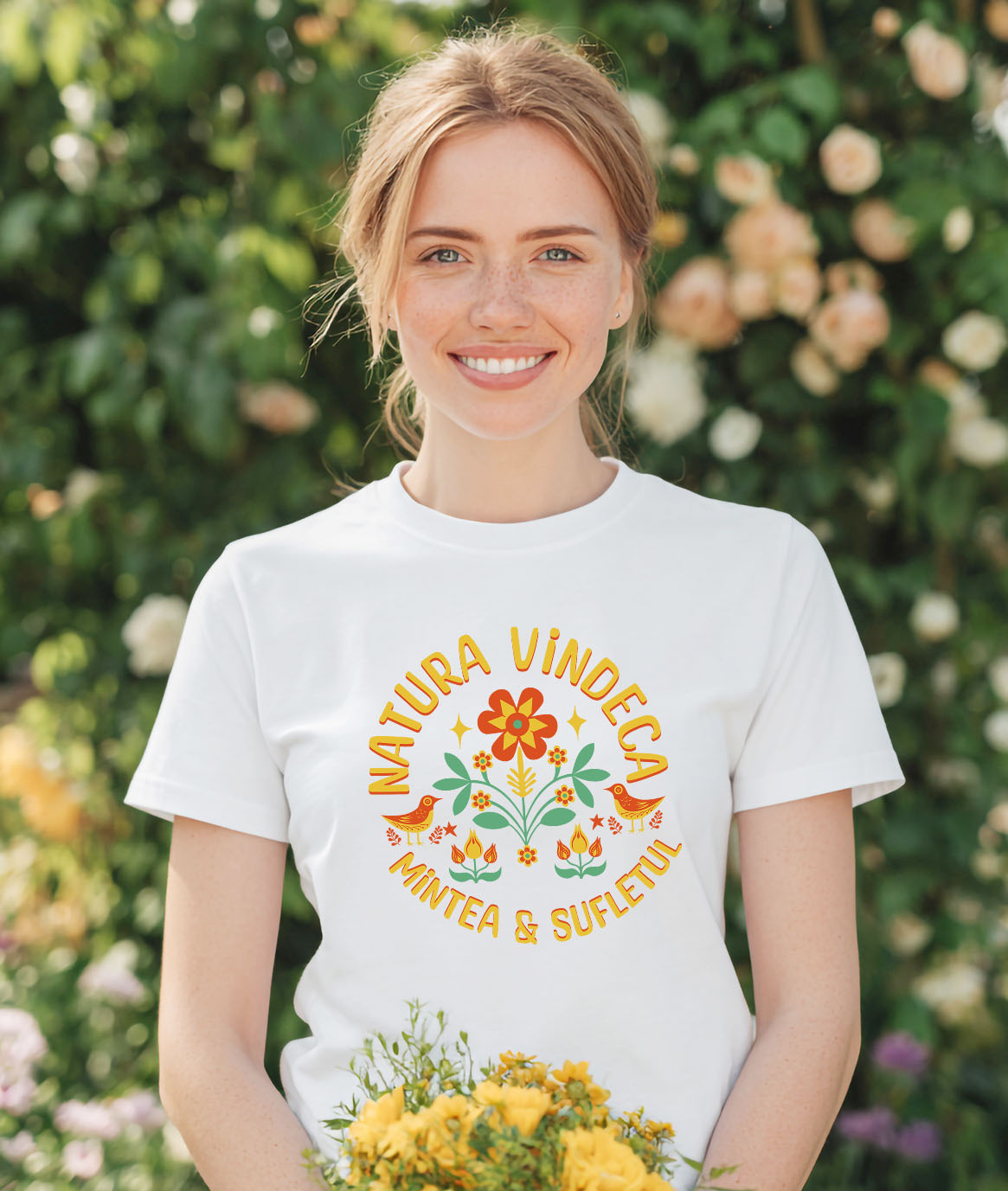 Tricou Femei, Barbati, Copii, Fata, Baiat, Unisex Personalizat Flori Colorate și Păsări cu Text „Natura Vindecă Mintea și Sufletul” | Cadouri Personalizate pentru Femei, Familie și Prieteni [1]