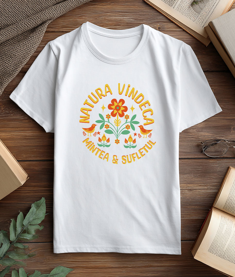 Tricou Femei, Barbati, Copii, Fata, Baiat, Unisex Personalizat Flori Colorate și Păsări cu Text „Natura Vindecă Mintea și Sufletul” | Cadouri Personalizate pentru Femei, Familie și Prieteni [2]