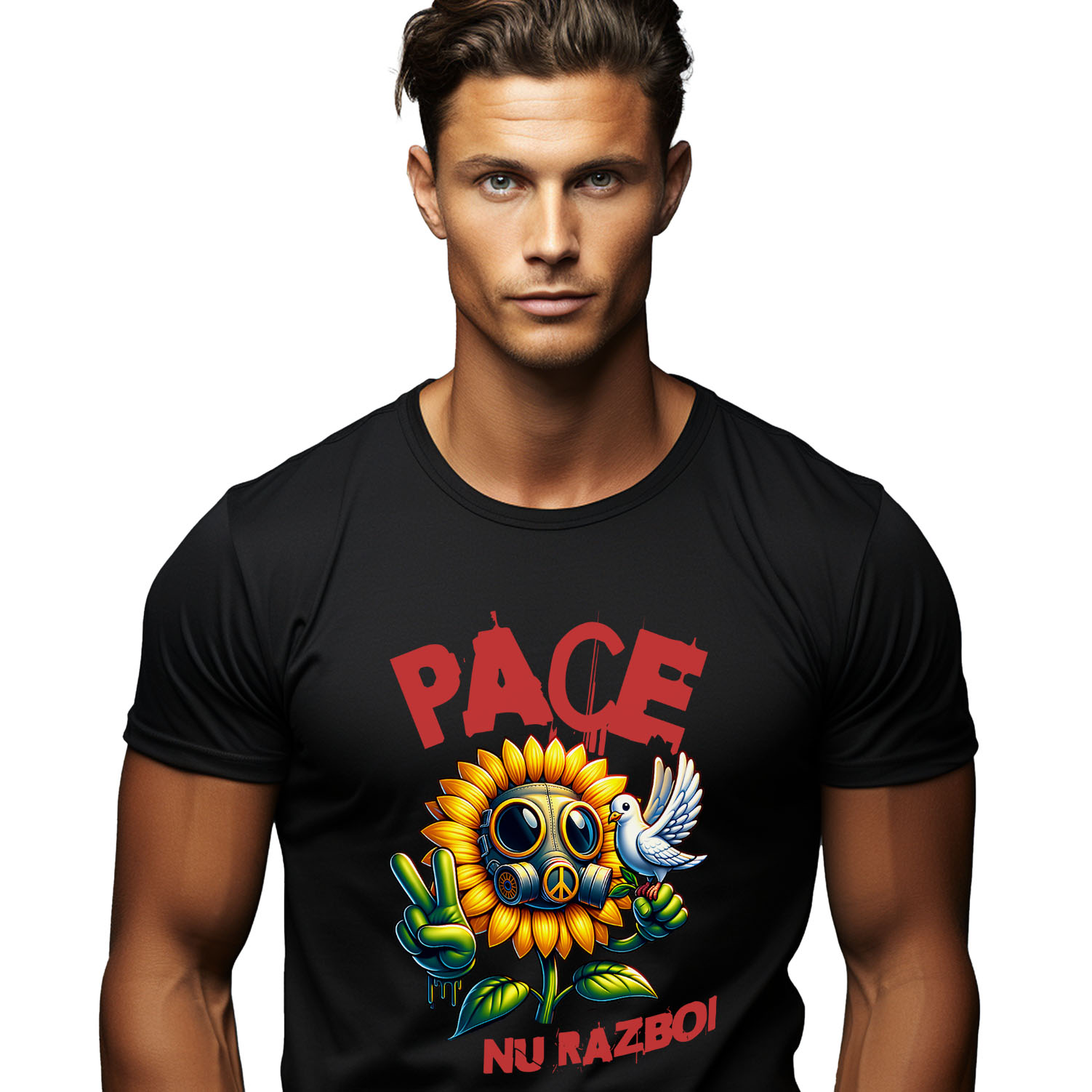 Flori - Tricou Femei, Barbati, Copii, Fata, Baiat, Unisex Personalizat Floarea Soarelui cu Masca Toxică și Porumbel Alb | Mesaj „Pace, Nu Război” | Cadouri Personalizate pentru Femei, Familie și Prieteni