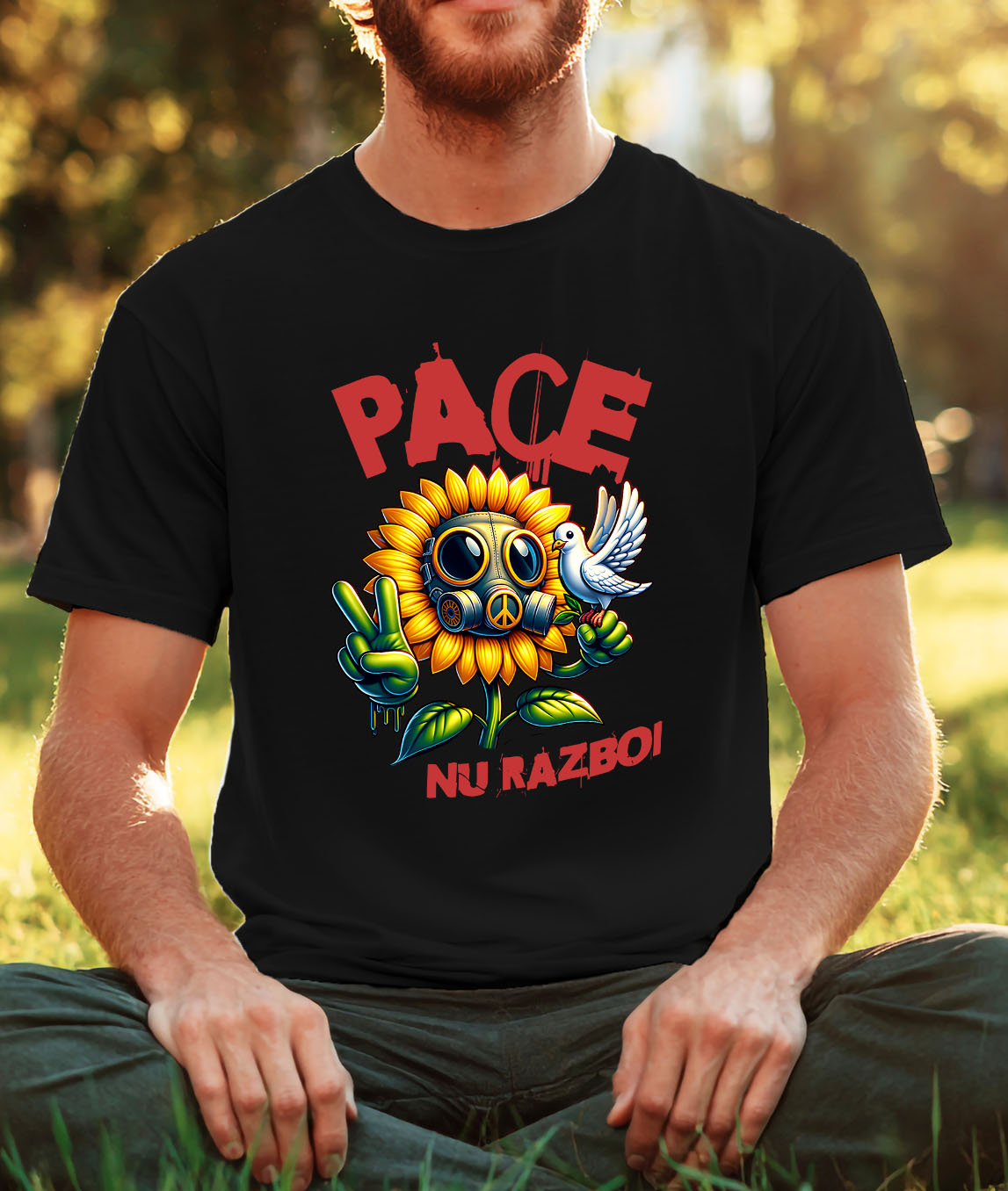 Tricou Femei, Barbati, Copii, Fata, Baiat, Unisex Personalizat Floarea Soarelui cu Masca Toxică și Porumbel Alb | Mesaj „Pace, Nu Război” | Cadouri Personalizate pentru Femei, Familie și Prieteni [1]