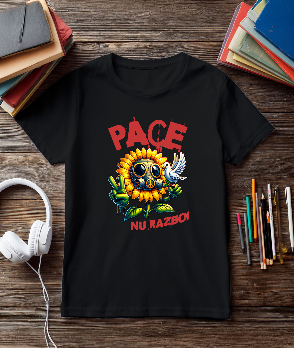 Tricou Femei, Barbati, Copii, Fata, Baiat, Unisex Personalizat Floarea Soarelui cu Masca Toxică și Porumbel Alb | Mesaj „Pace, Nu Război” | Cadouri Personalizate pentru Femei, Familie și Prieteni [2]