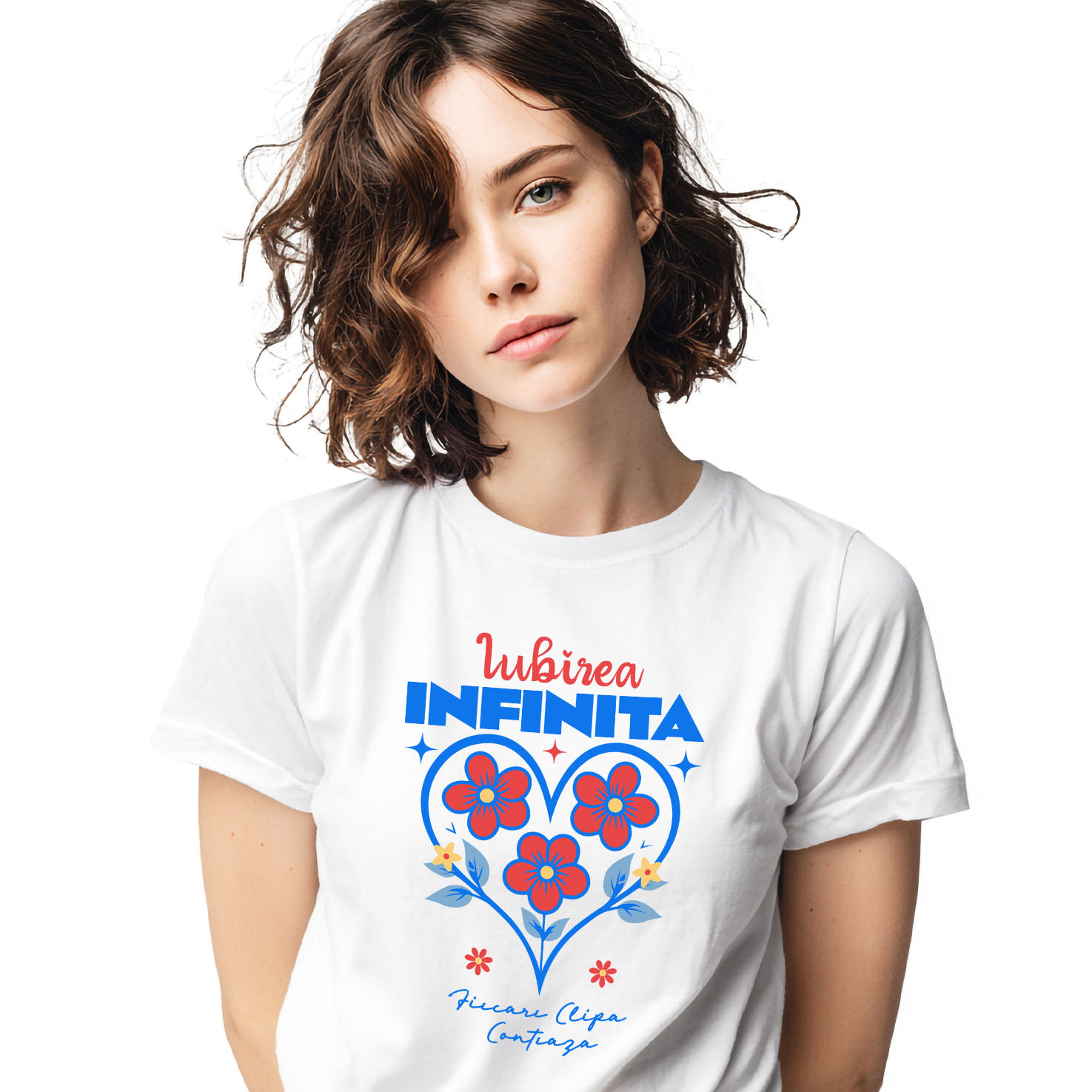 Flori - Tricou Femei, Barbati, Copii, Fata, Baiat, Unisex Personalizat Inimă cu Flori Colorate și Text „Iubirea Infinită, Fiecare Clipă Contează” | Cadouri Personalizate pentru Femei, Familie și Prieteni