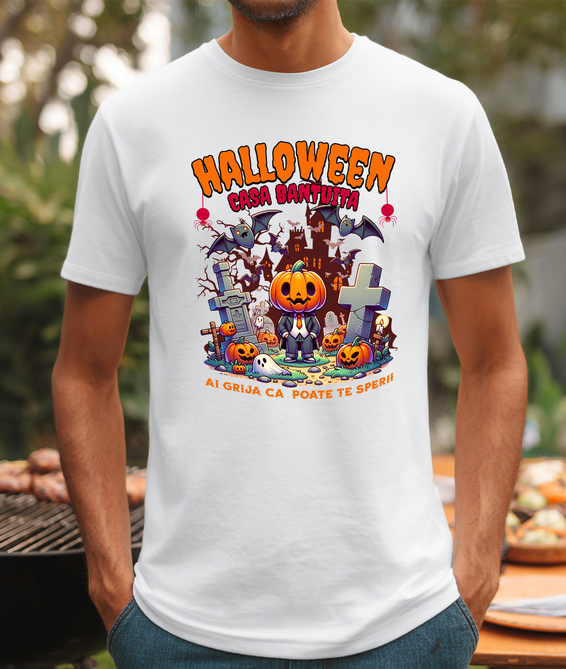 Tricou Femei, Barbati, Copii, Fata, Baiat, Unisex Personalizat Om cu Cap De Dovleac și Mesaj Halloween | Casa Bântuită | Cadouri Personalizate pentru Halloween [1]