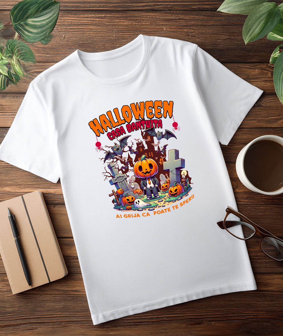Tricou Femei, Barbati, Copii, Fata, Baiat, Unisex Personalizat Om cu Cap De Dovleac și Mesaj Halloween | Casa Bântuită | Cadouri Personalizate pentru Halloween [2]