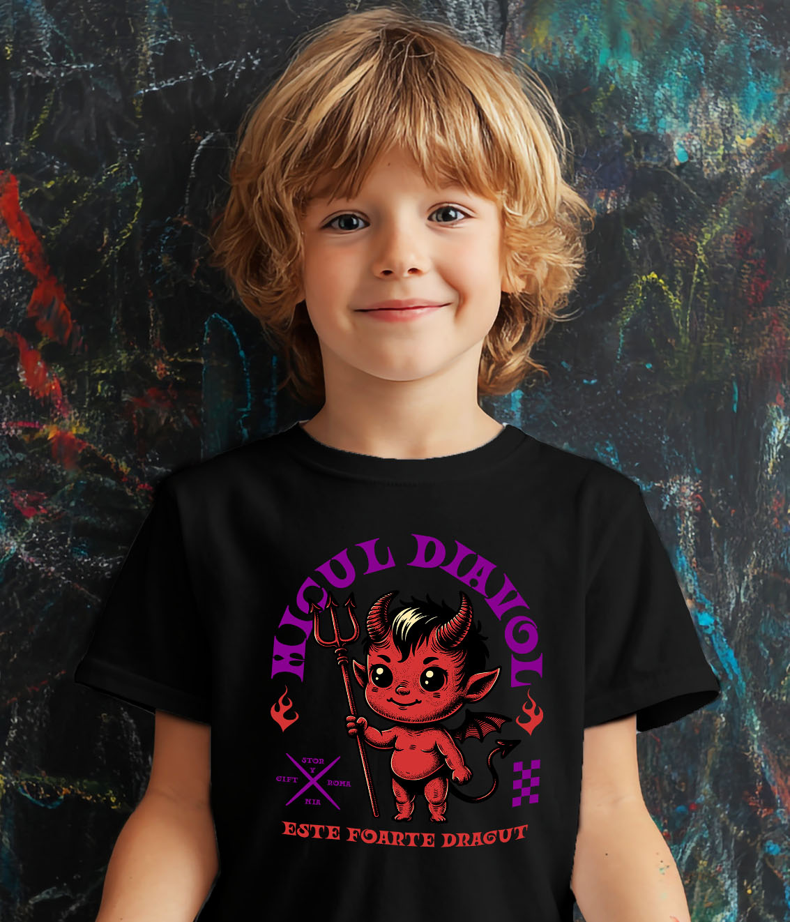 Tricou Femei, Barbati, Copii, Fata, Baiat, Unisex Personalizat Diavol Cu Furca și Mesaj „Micul Diavol Este Foarte Drăguț” pentru Halloween | Cadou Personalizat pentru Copii [2]