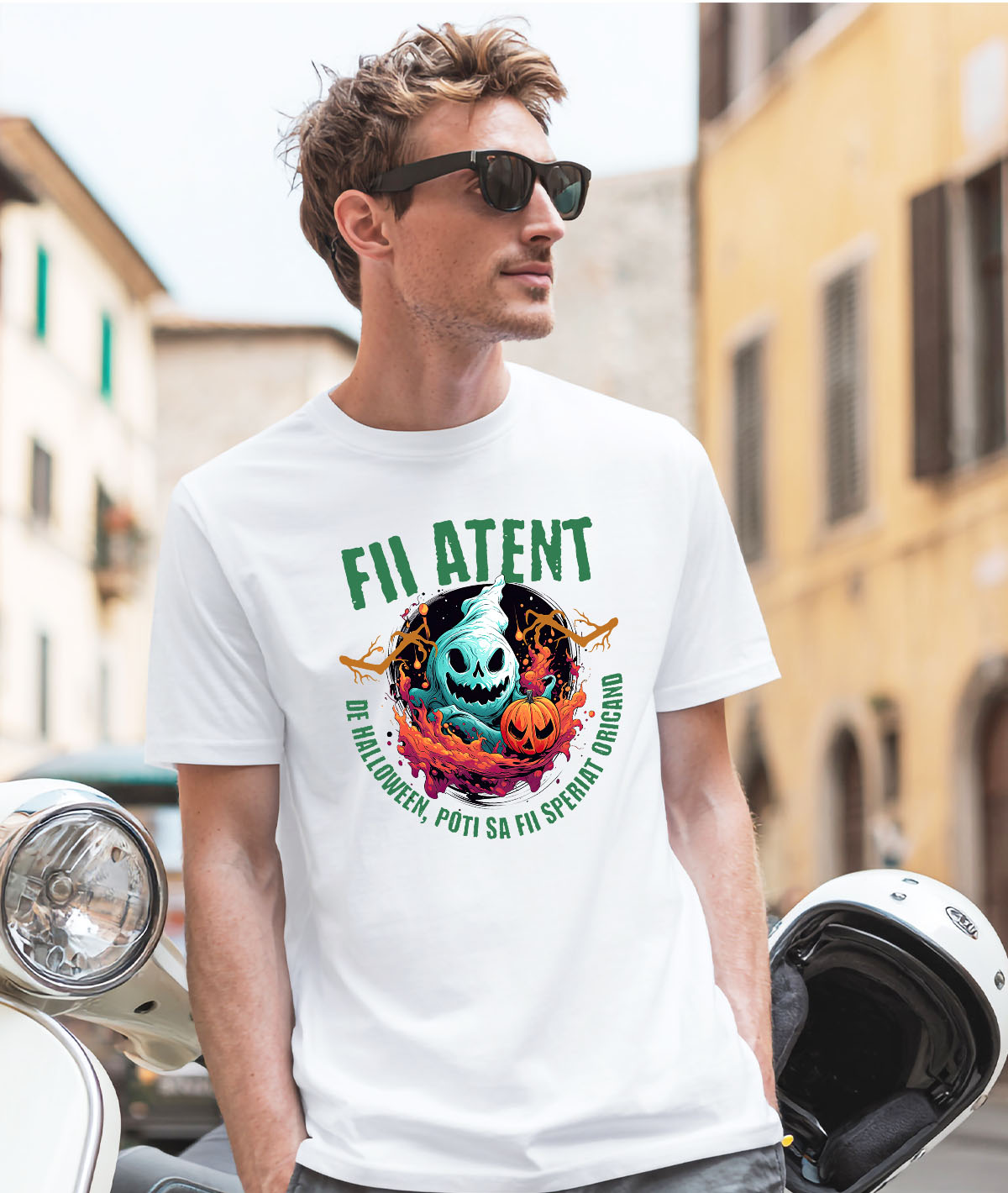 Tricou Femei, Barbati, Copii, Fata, Baiat, Unisex Personalizat Fantoma Horror și Dovleac De Halloween | Mesaj „Fii Atent, De Halloween Poți Să Fii Speriat” | Cadou Personalizat pentru Halloween [1]