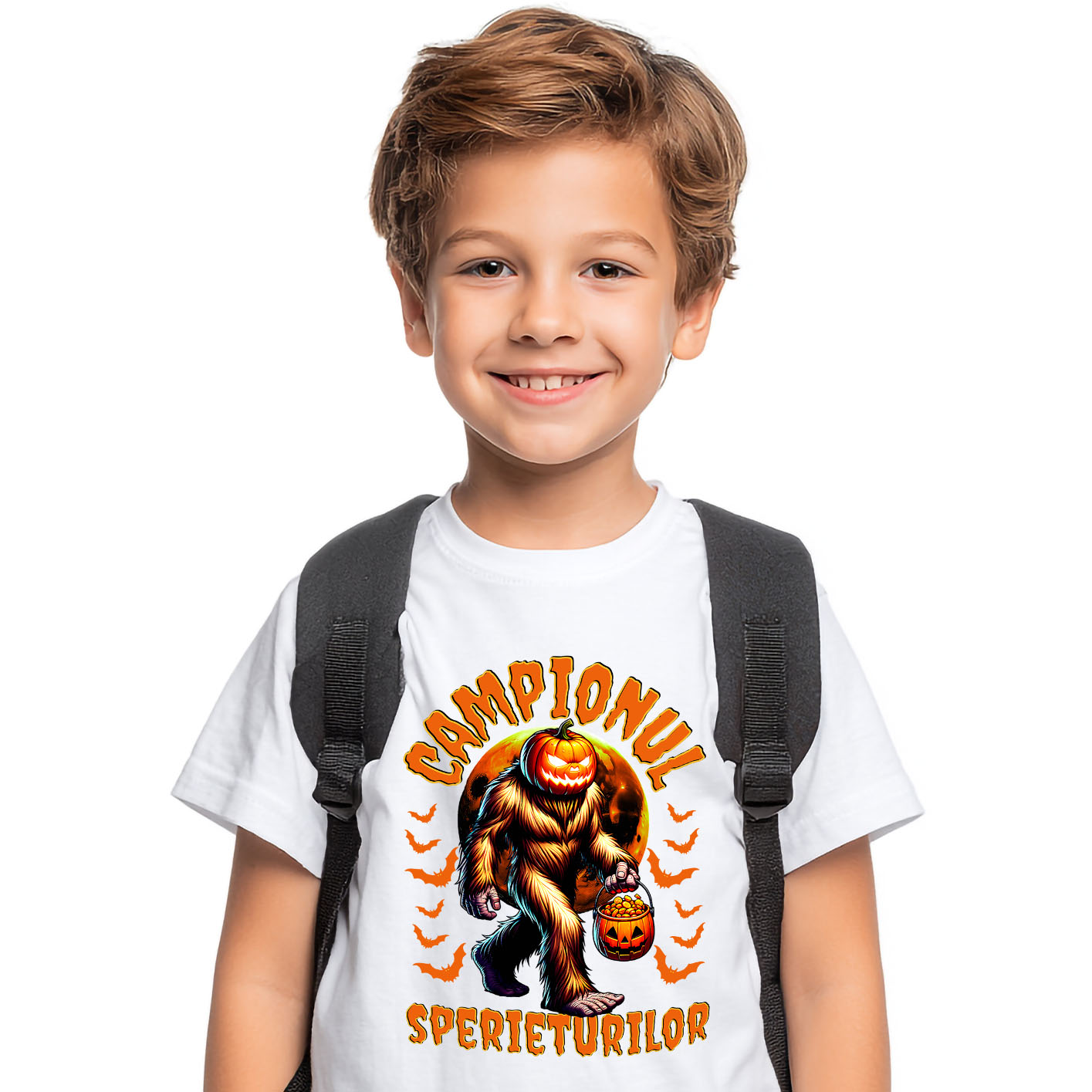 Halloween - Tricou Femei, Barbati, Copii, Fata, Baiat, Unisex Personalizat Monstru cu Păr și Cap de Dovleac | „Campionul Sperieturilor” | Cadou Personalizat Halloween