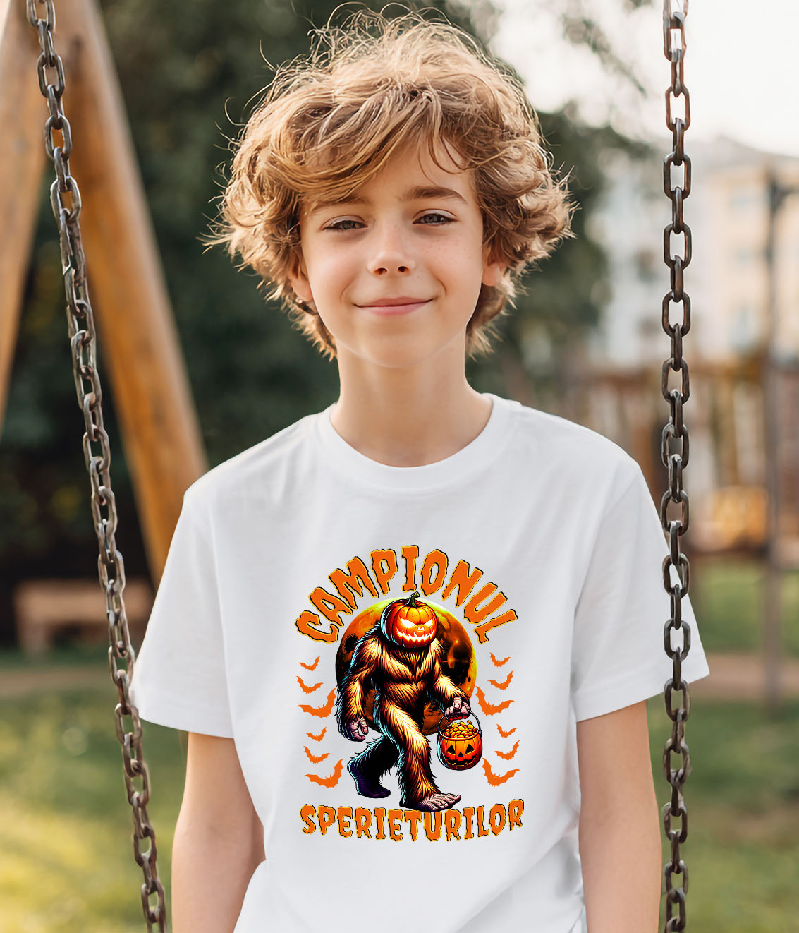 Tricou Femei, Barbati, Copii, Fata, Baiat, Unisex Personalizat Monstru cu Păr și Cap de Dovleac | „Campionul Sperieturilor” | Cadou Personalizat Halloween [2]