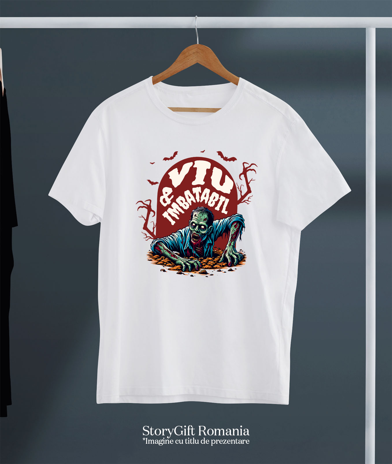 Tricou Femei, Barbati, Copii, Fata, Baiat, Unisex Personalizat Zombie Iesind Din Mormânt | Viu & Imbatabil | Cadou Halloween Tematic [2]