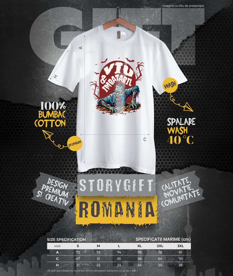 Tricou Femei, Barbati, Copii, Fata, Baiat, Unisex Personalizat Zombie Iesind Din Mormânt | Viu & Imbatabil | Cadou Halloween Tematic [3]