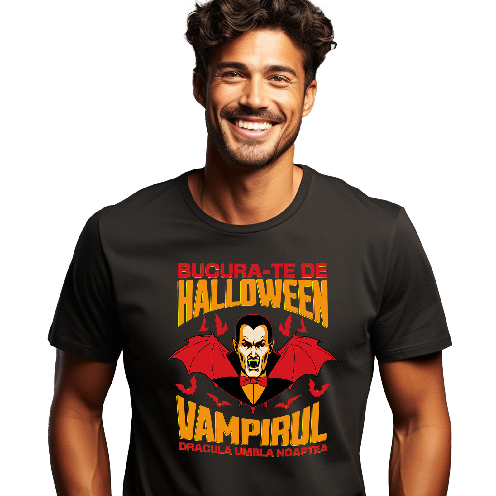 Halloween - Tricou Femei, Barbati, Copii, Fata, Baiat, Unisex Personalizat Dracula cu Colți și Aripi | Vampirul Dracula Halloween | Petrecere Tematică de Groază