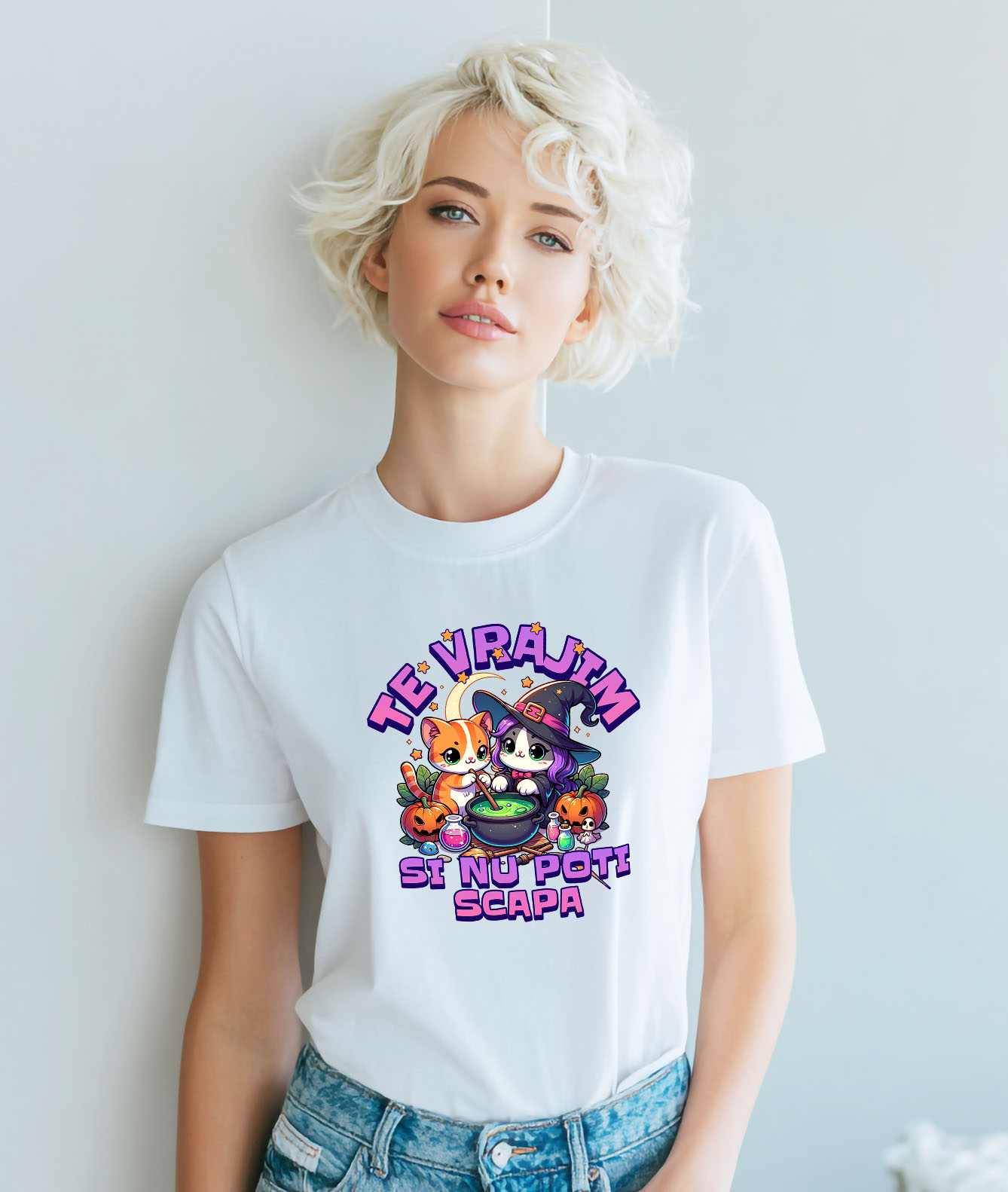 Tricou Femei, Barbati, Copii, Fata, Baiat, Unisex Personalizat Pisici Vrăjitoare cu Poțiune Magică | Cadou Halloween Personalizat | Decor Tematic Halloween [1]