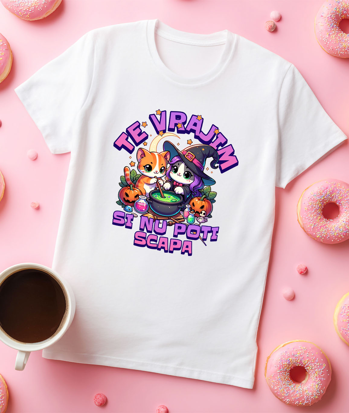 Tricou Femei, Barbati, Copii, Fata, Baiat, Unisex Personalizat Pisici Vrăjitoare cu Poțiune Magică | Cadou Halloween Personalizat | Decor Tematic Halloween [2]