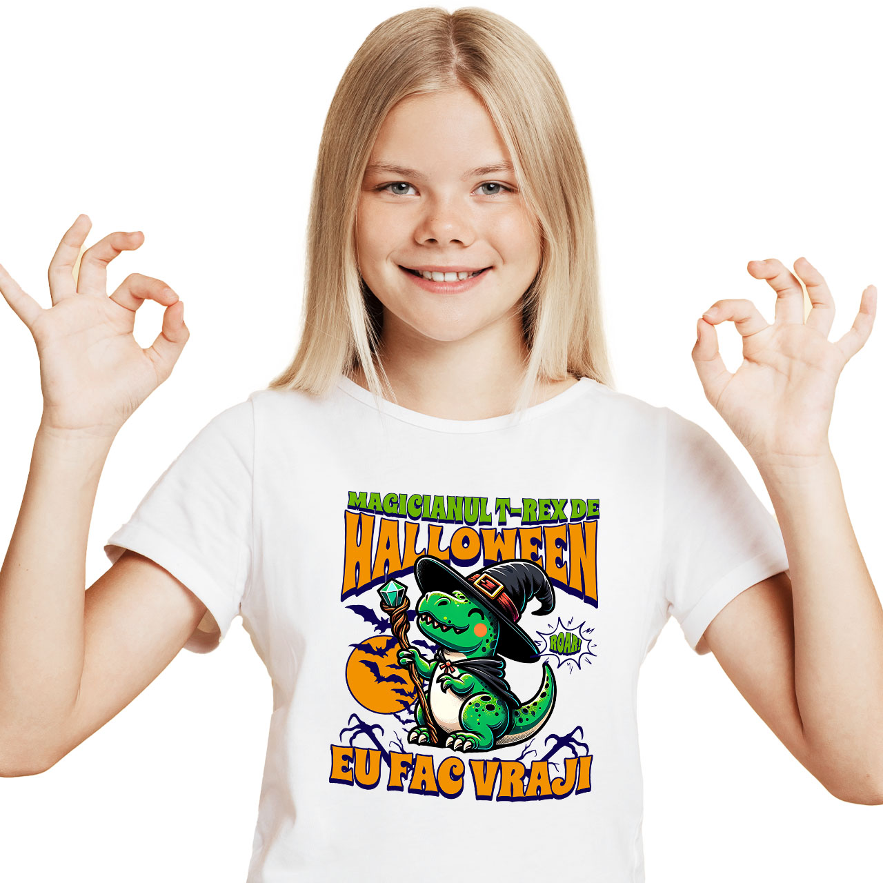 Halloween - Tricou Femei, Barbati, Copii, Fata, Baiat, Unisex Personalizat Dinozaur Vrăjitor T-rex cu Pălărie și Baghetă | Cadou Halloween pentru Copii | Decor Tematic