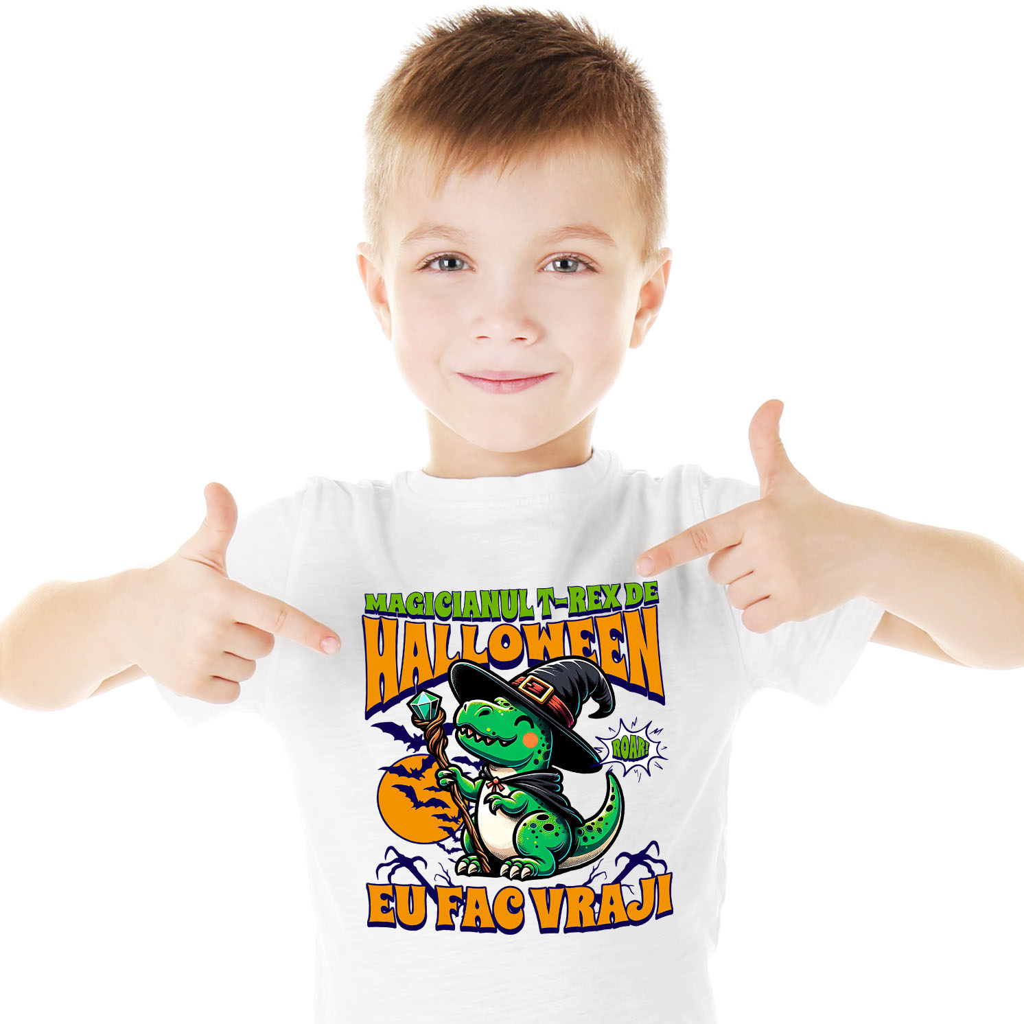 Tricou Femei, Barbati, Copii, Fata, Baiat, Unisex Personalizat Dinozaur Vrăjitor T-rex cu Pălărie și Baghetă | Cadou Halloween pentru Copii | Decor Tematic [1]