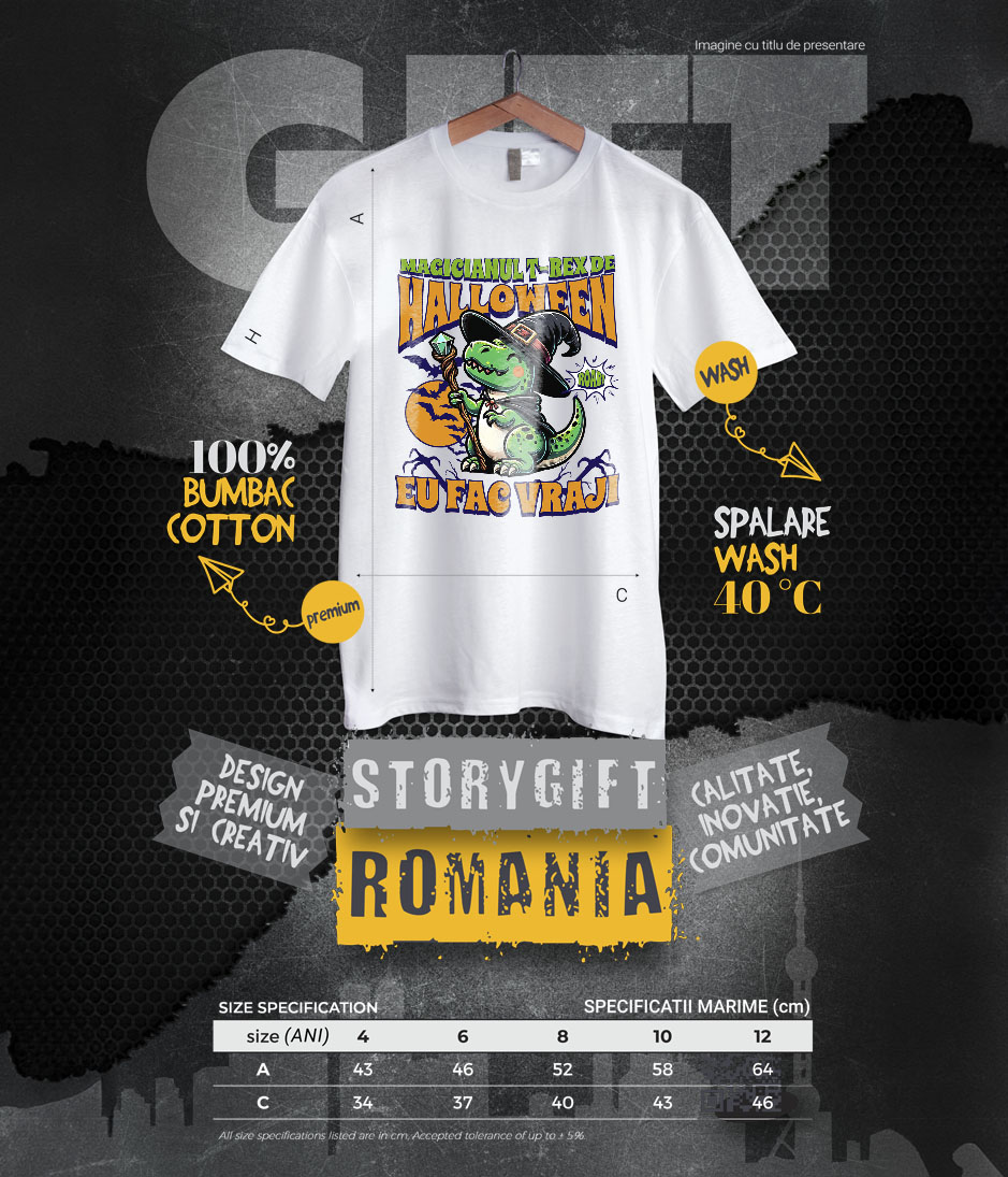 Tricou Femei, Barbati, Copii, Fata, Baiat, Unisex Personalizat Dinozaur Vrăjitor T-rex cu Pălărie și Baghetă | Cadou Halloween pentru Copii | Decor Tematic [5]