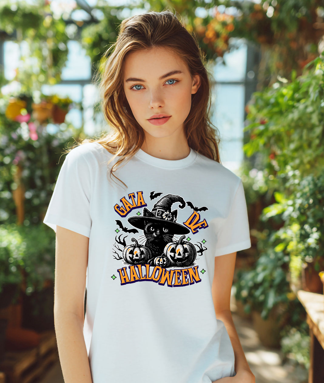 Tricou Femei, Barbati, Copii, Fata, Baiat, Unisex Personalizat Pisica cu Pălărie de Halloween și Dovleci de Horror | Costum Pisică Tematic Halloween [1]