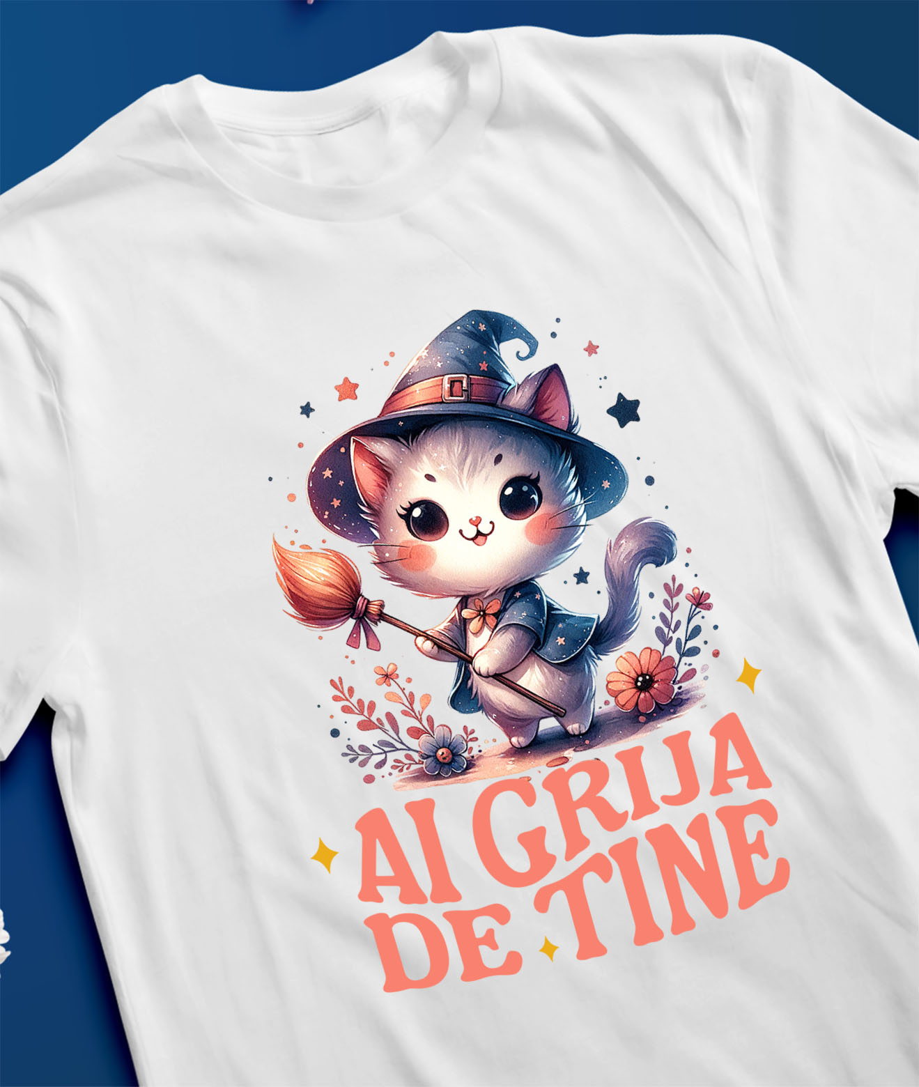 Tricou Femei, Barbati, Copii, Fata, Baiat, Unisex Personalizat Pisica Pufoasă cu Mătura de Vrăjitoare | Cadou Halloween Adorabil [2]