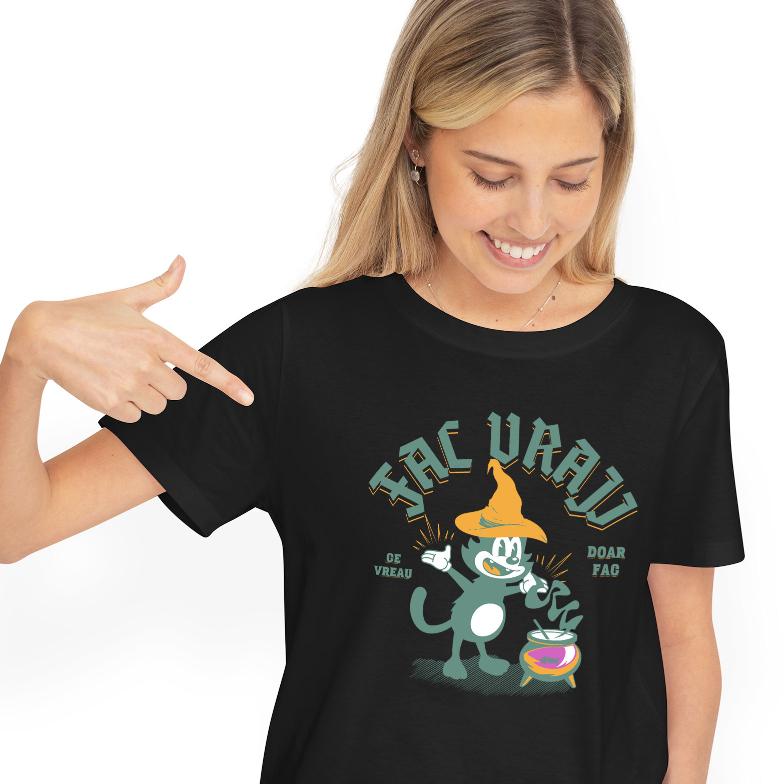 Halloween - Tricou Femei, Barbati, Copii, Fata, Baiat, Unisex Personalizat Motan cu Pălărie de Vrăjitor | Produse Personalizate pentru Halloween și Familie