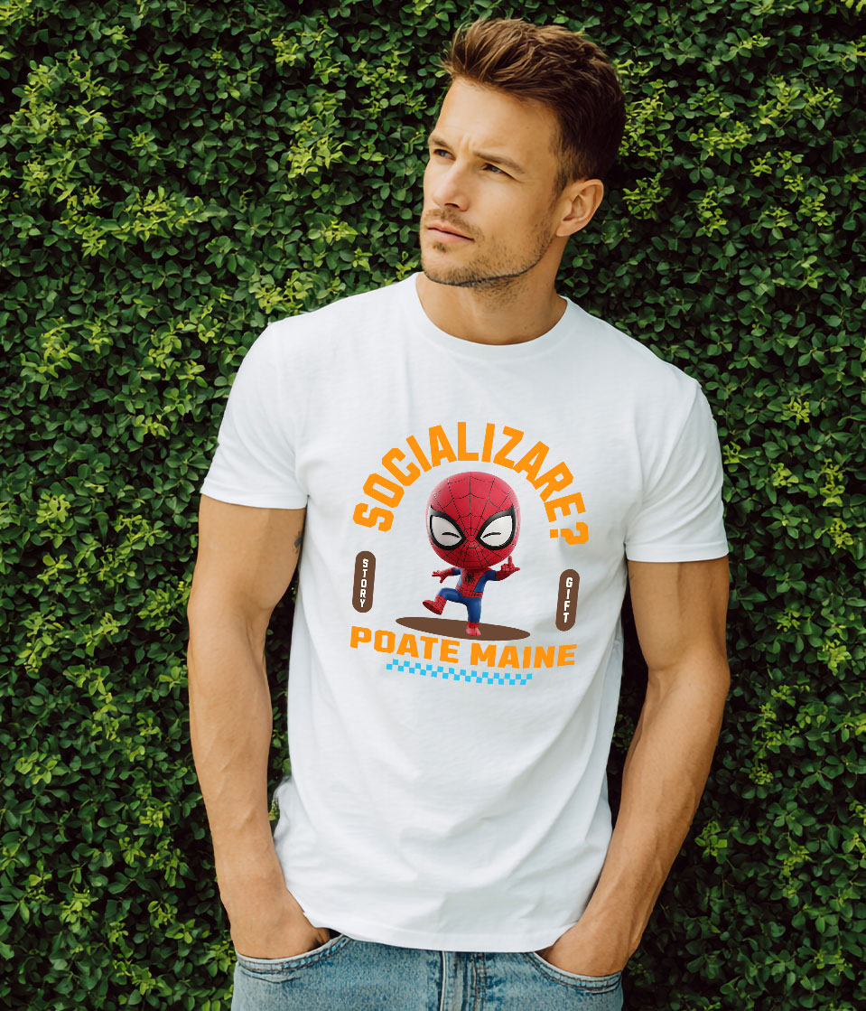 Tricou Barbati cu Spiderman , Degetul Mijlociu, Socializare? Poate maine, Anti-social 100% Bumbac, Alb, XL [1]
