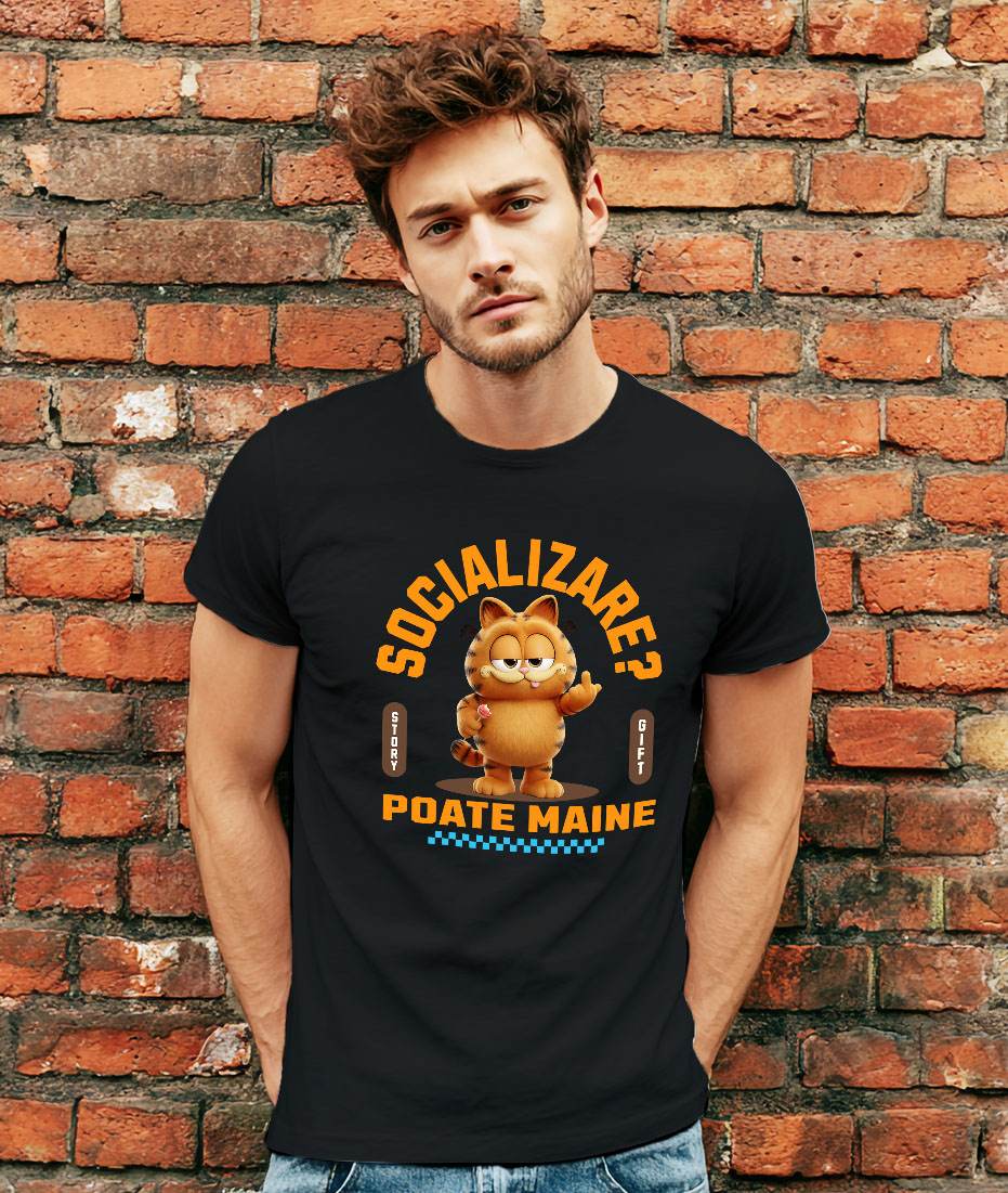 Tricou Barbati cu Garfield  , Degetul Mijlociu, Socializare? Poate maine, Anti-social  100% Bumbac, Negru, L [1]