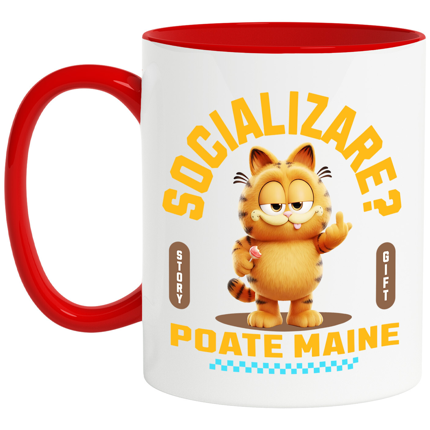 Căni - Cana Cu Garfield , Degetul Mijlociu, Socializare? Poate maine, Anti-social Ceramica, 330ML, cu Maner Rosu