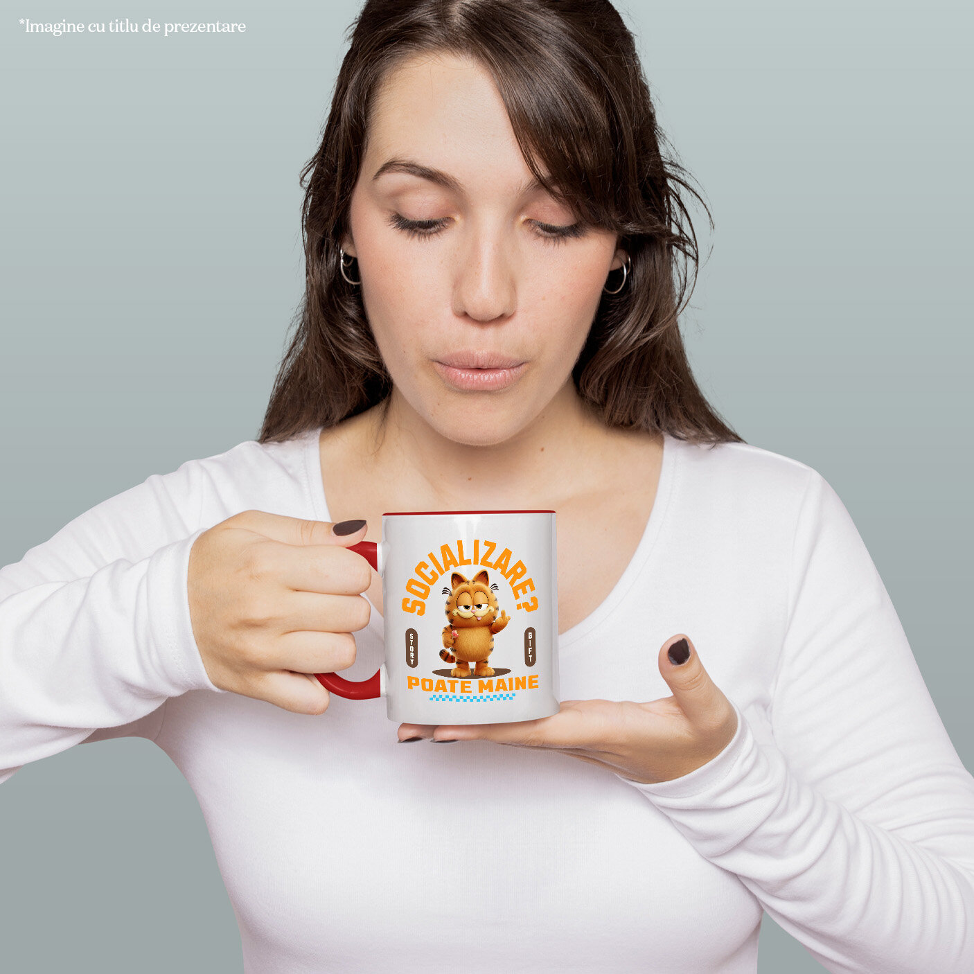 Cana Cu Garfield , Degetul Mijlociu, Socializare? Poate maine, Anti-social Ceramica, 330ML, cu Maner Rosu [1]