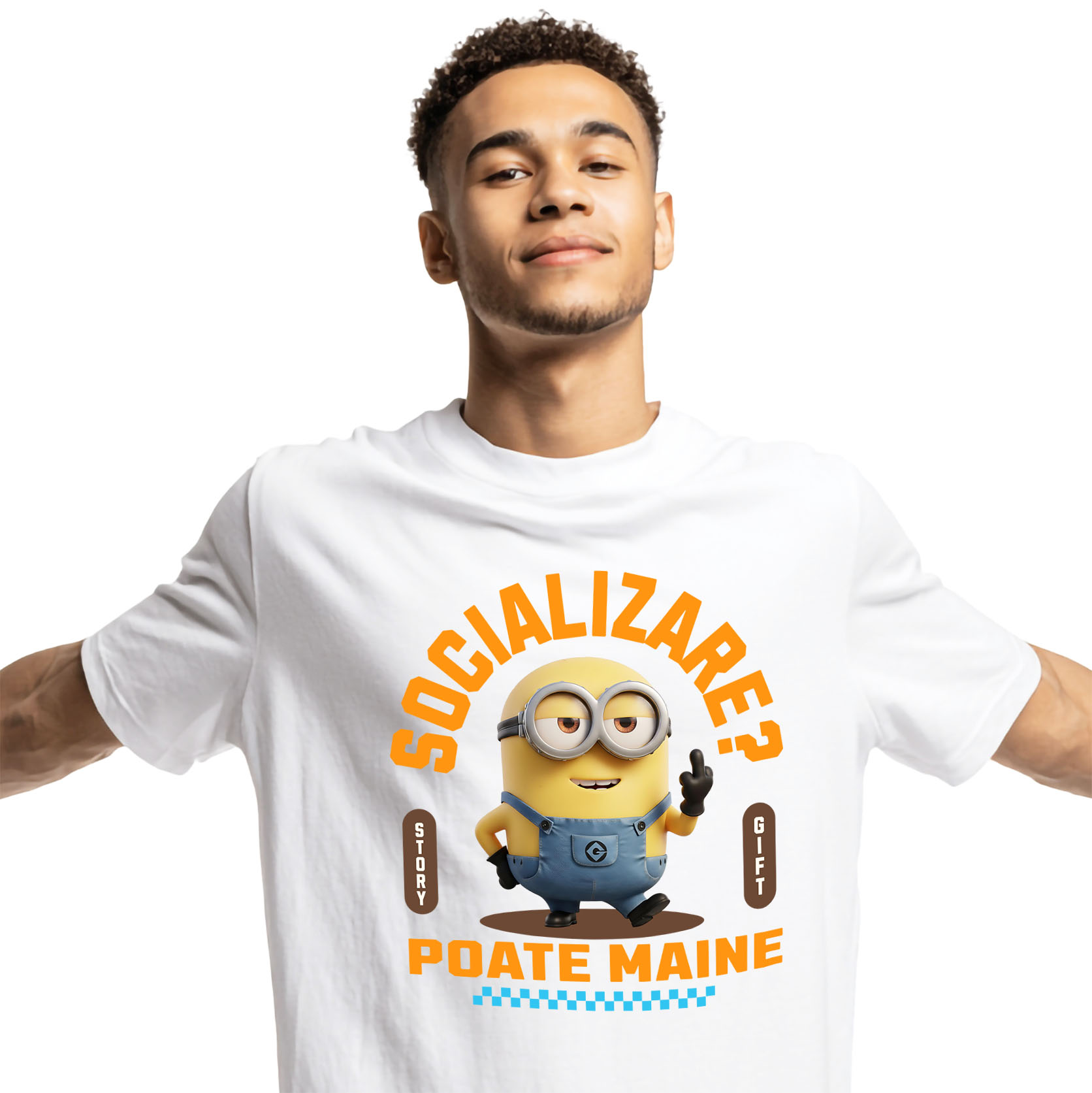 Amuzante - Tricou Barbati cu Minion , Degetul Mijlociu, Socializare? Poate maine, Anti-social 100% Bumbac, Alb, L