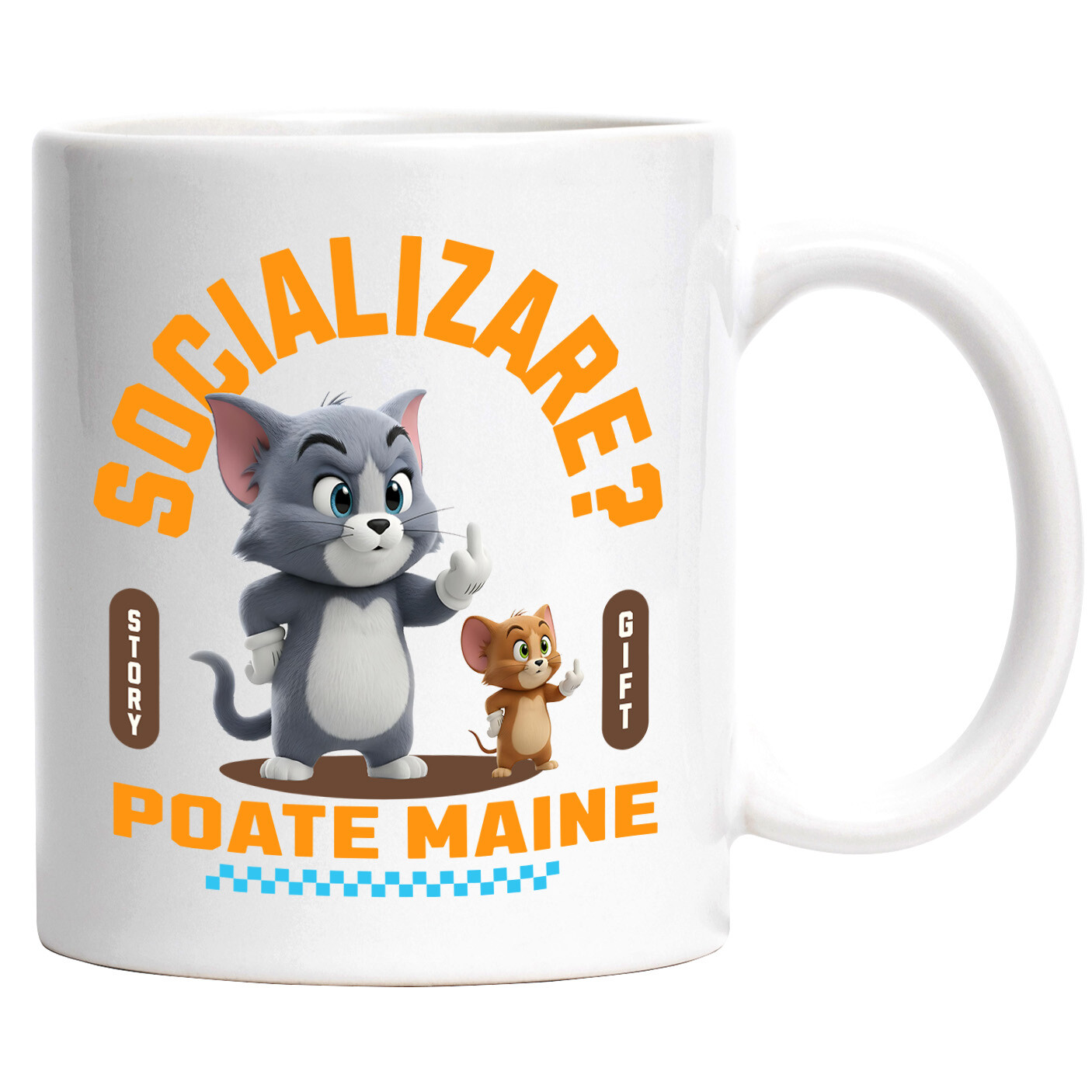 Desene Animate - Cana Cu Tom si Jerry: Aventuri Pe Skateboard , Degetul Mijlociu, Socializare? Poate maine, Anti-social Ceramica, 330ML, cu Maner Alb