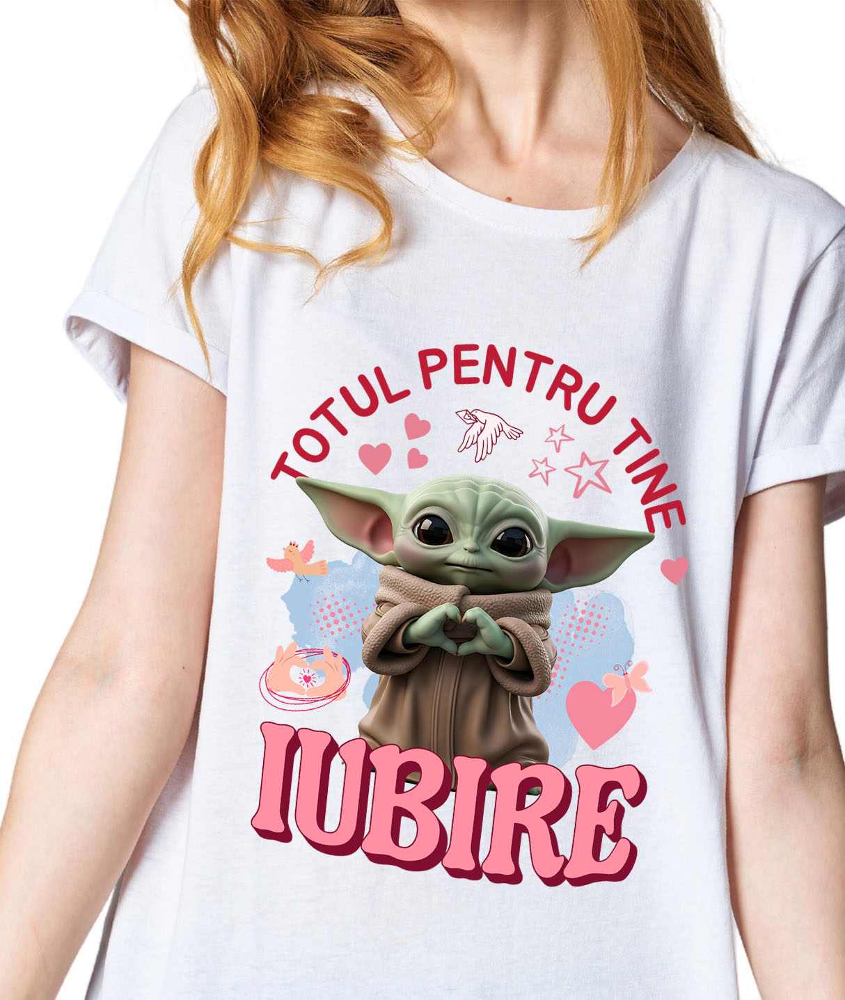Tricou Femei cu Baby yoda, Iubire, Dragoste, Afectiune, Inima 100% Bumbac, Alb, XL [1]