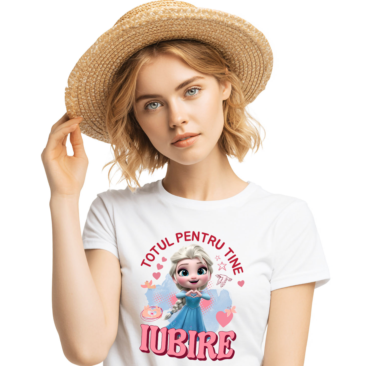 Tricouri - Tricou Femei cu Elsa, Iubire, Dragoste, Afectiune, Inima 100% Bumbac, Alb, S