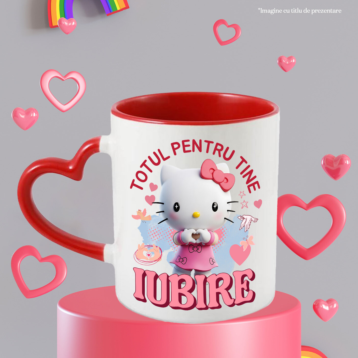 Cana Cu Hello Kitty, Iubire, Dragoste, Afectiune, Inima Ceramica, 330ML, cu Maner Inima Rosie [2]