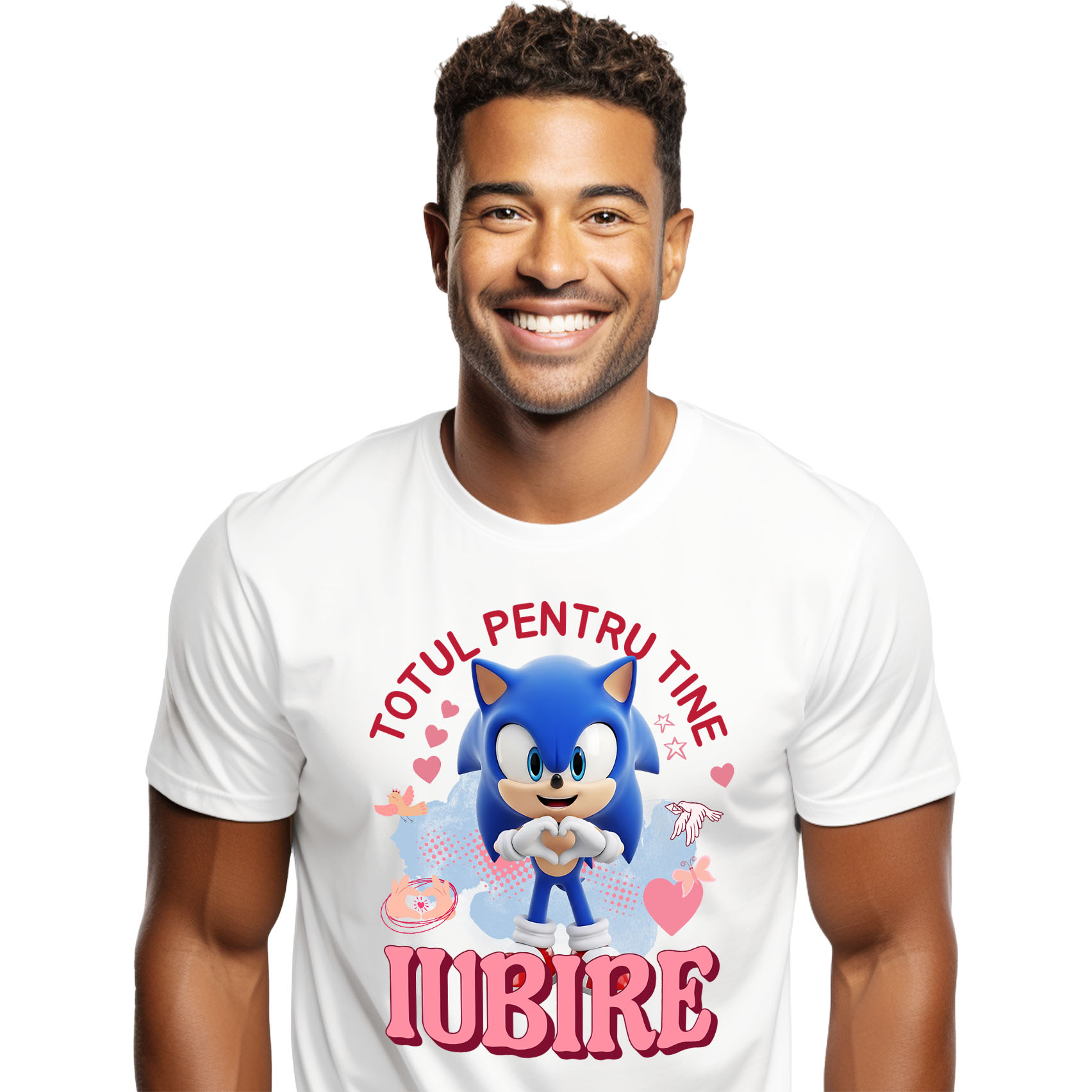 Tricouri - Tricou Barbati cu Sonic, Iubire, Dragoste, Afectiune, Inima 100% Bumbac, Alb, M