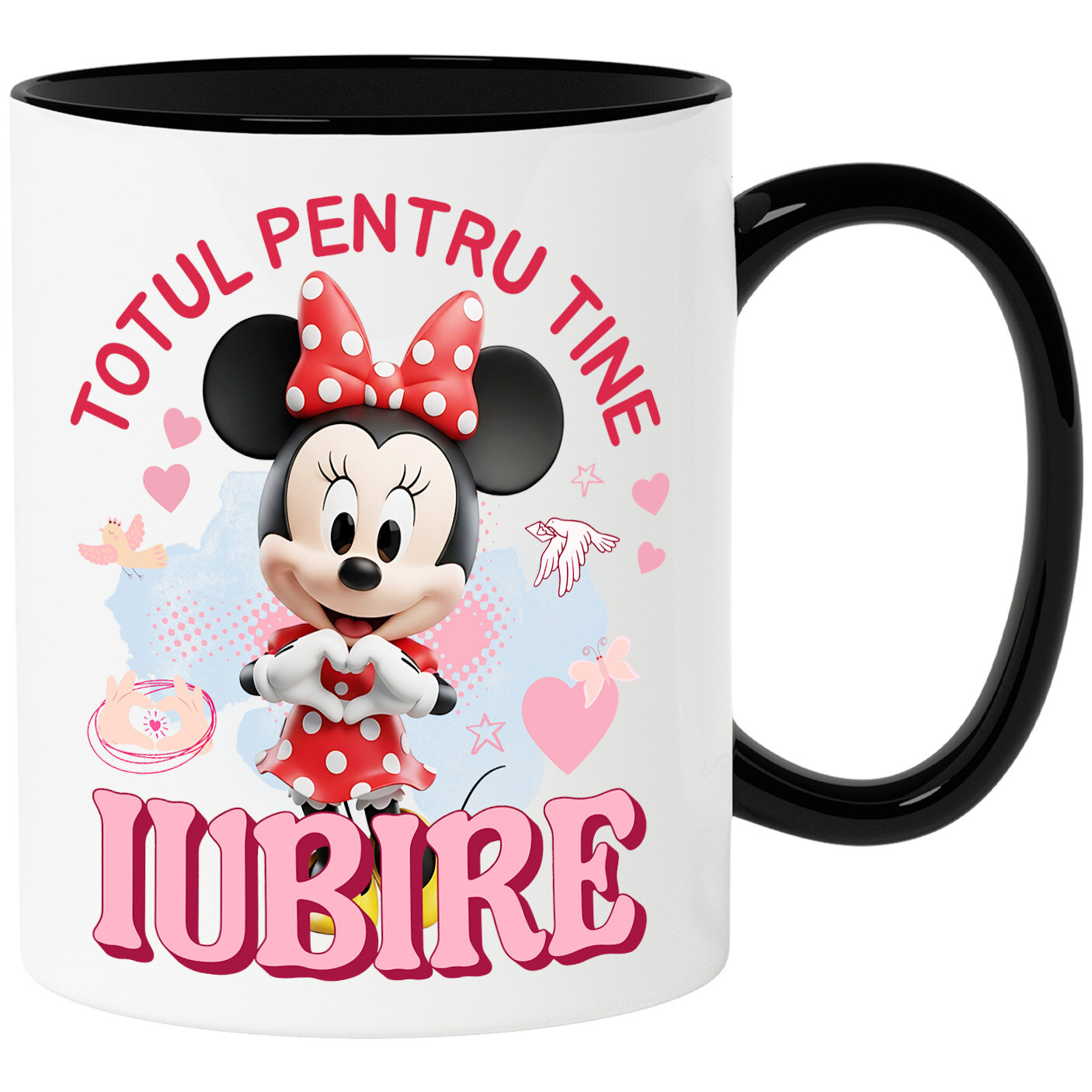 Desene Animate - Cana Cu Minnie Mouse, Iubire, Dragoste, Afectiune, Inima Ceramica, 330ML, cu Maner Negru