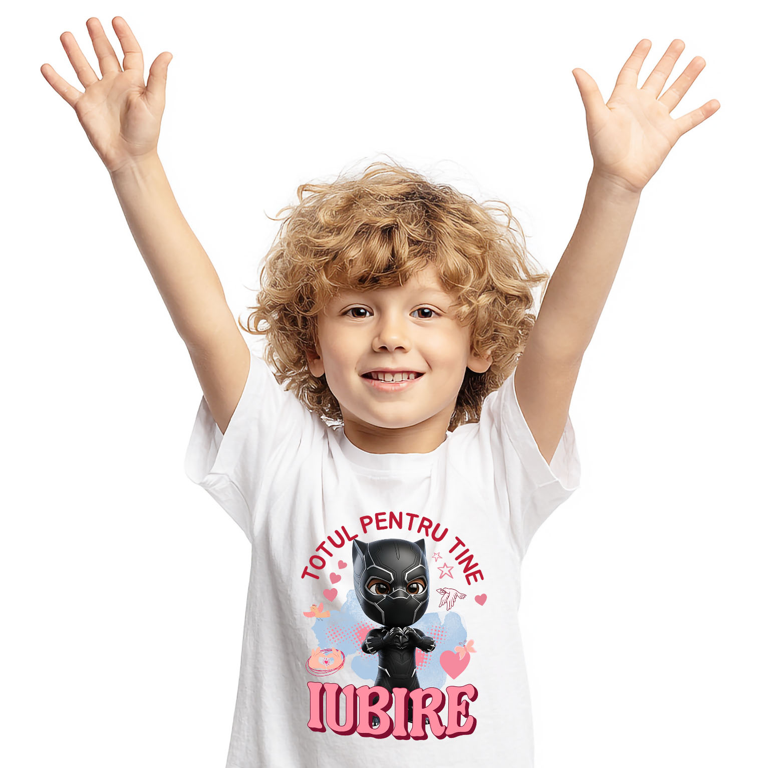 Valentine's Day - Tricou Copii cu Pantera Neagra, Iubire, Dragoste, Afectiune, Inima 100% Bumbac, Alb, 6 Ani