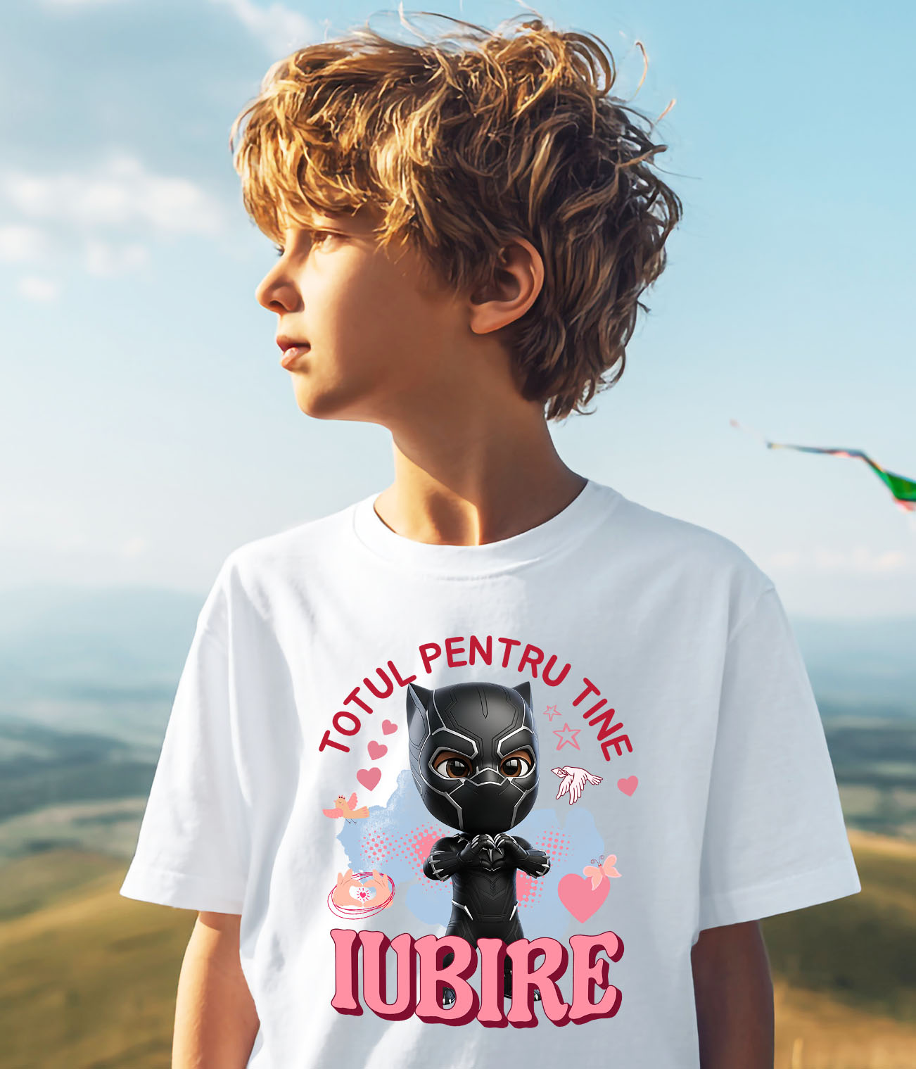 Tricou Copii cu Pantera Neagra, Iubire, Dragoste, Afectiune, Inima 100% Bumbac, Alb, 6 Ani [2]