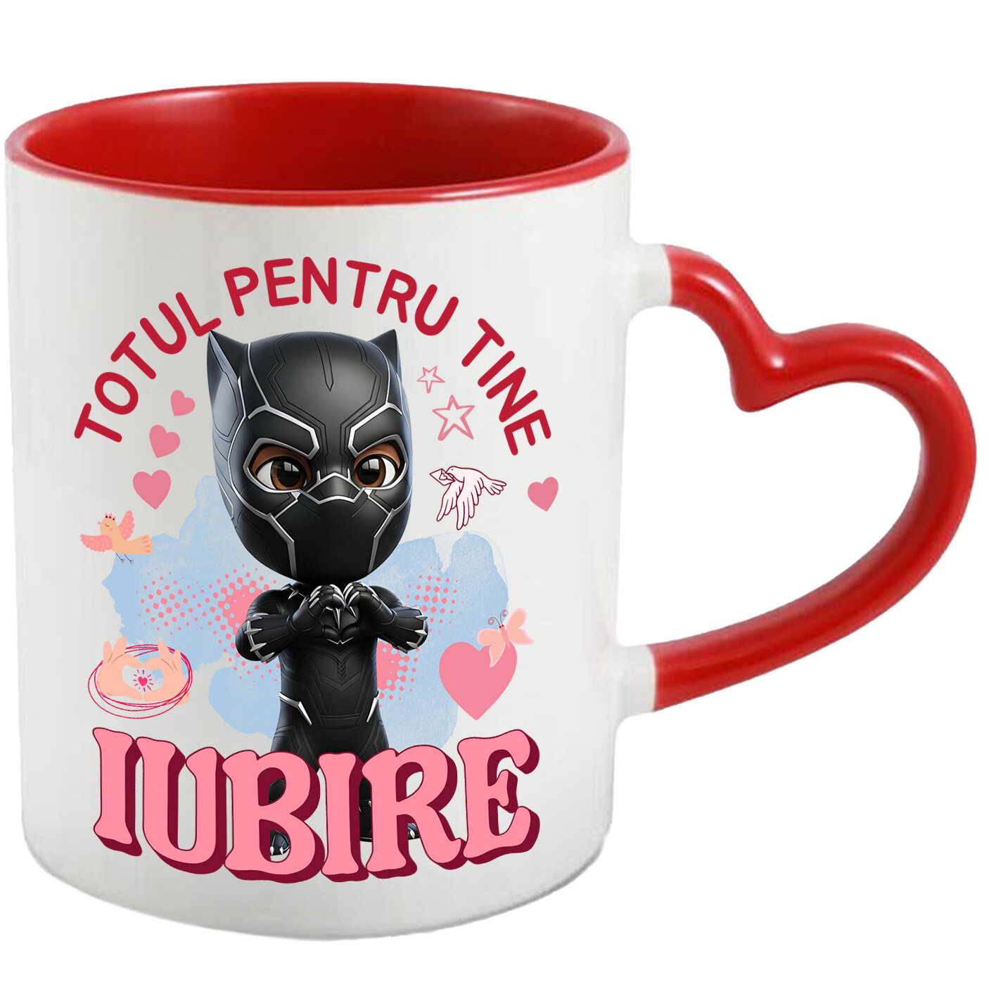 Desene Animate - Cana Cu Pantera Neagra, Iubire, Dragoste, Afectiune, Inima Ceramica, 330ML, cu Maner Inima Rosie