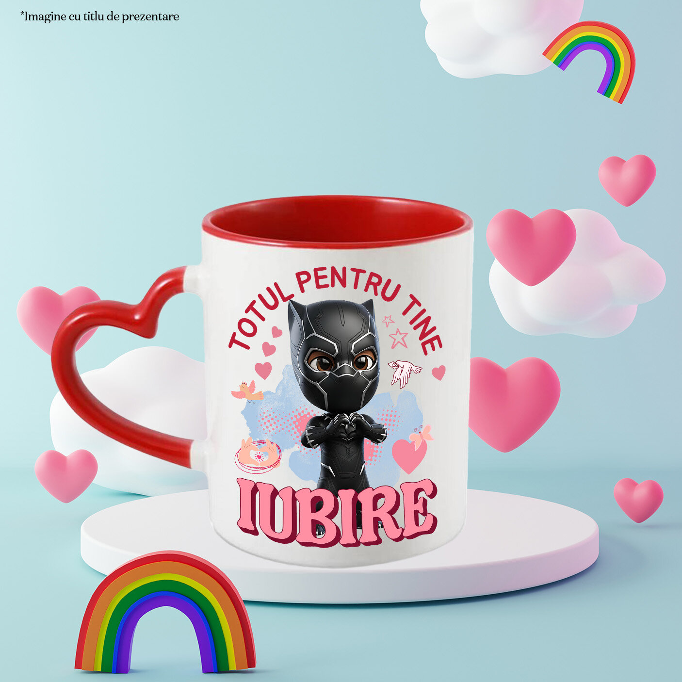 Cana Cu Pantera Neagra, Iubire, Dragoste, Afectiune, Inima Ceramica, 330ML, cu Maner Inima Rosie [2]